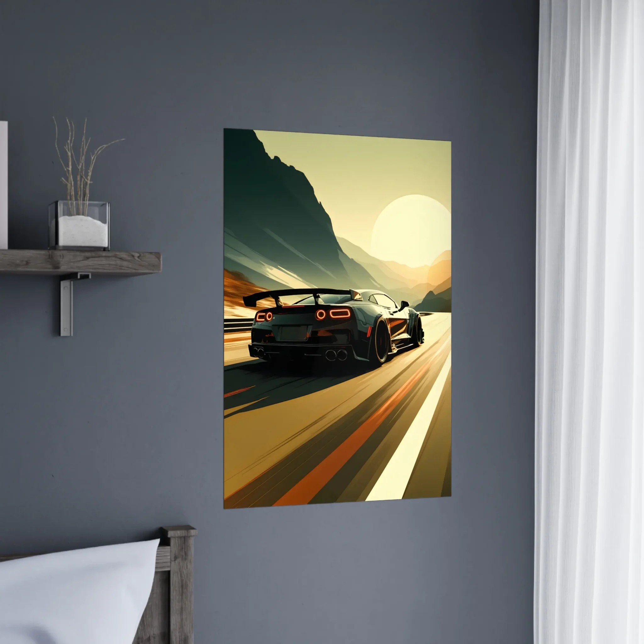 Car Art Sunset Landscape wall art that explores the visual relationship between the car, the road, and the horizon. Fine Art Print, printed in the EU.