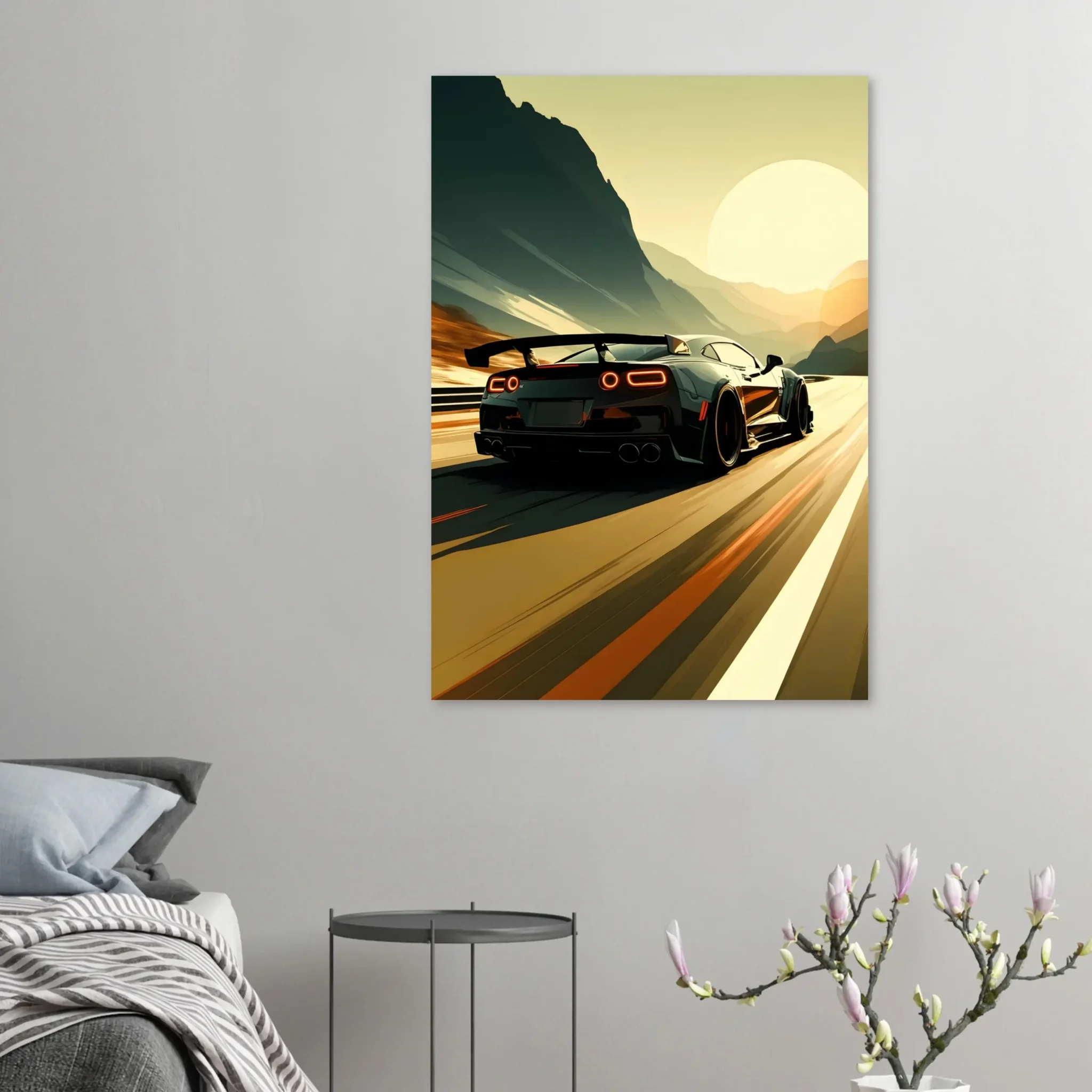 Car Art Sunset Landscape wall art that explores the visual relationship between the car, the road, and the horizon. Fine Art Print, printed in the EU.
