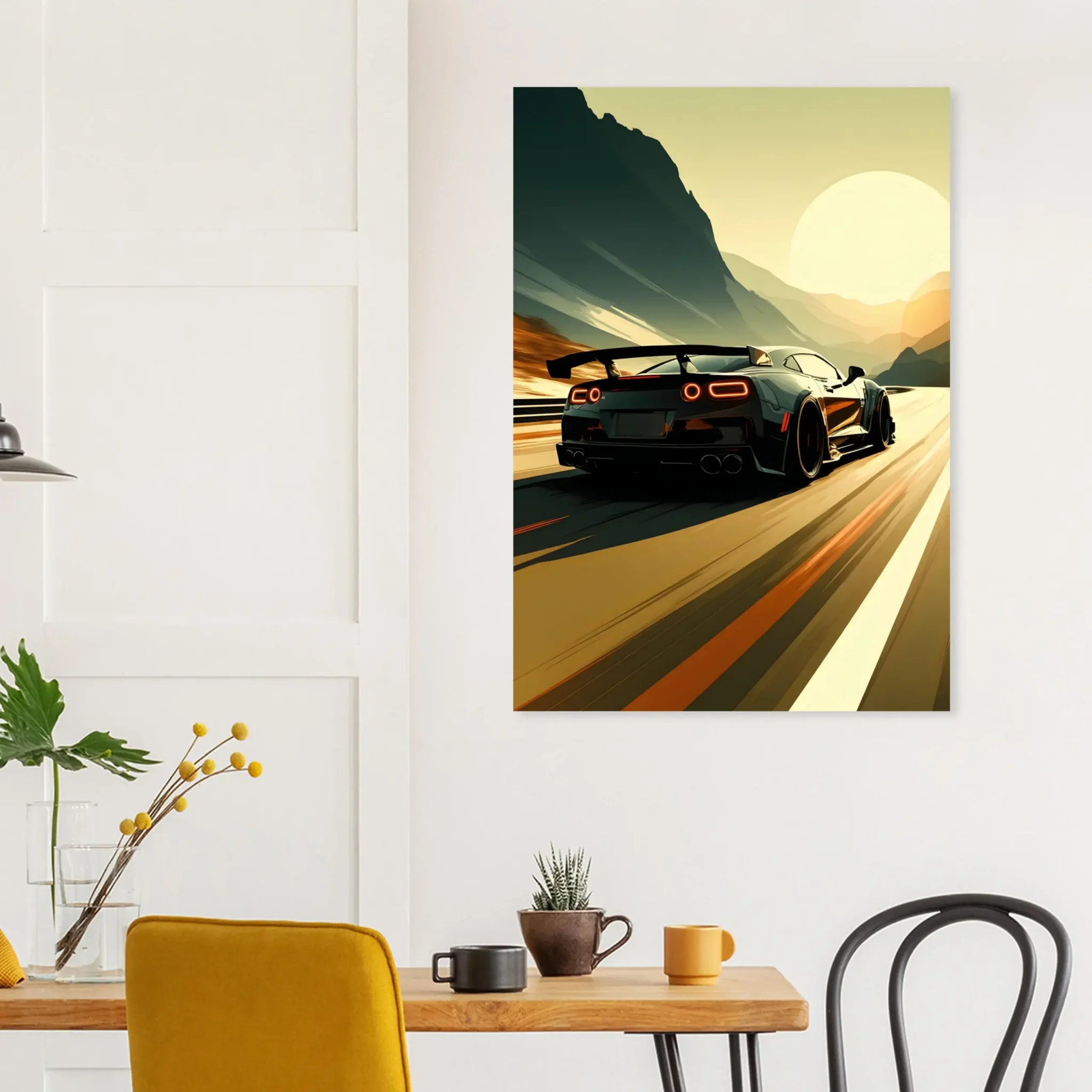 Car Art Sunset Landscape wall art that explores the visual relationship between the car, the road, and the horizon. Fine Art Print, printed in the EU.