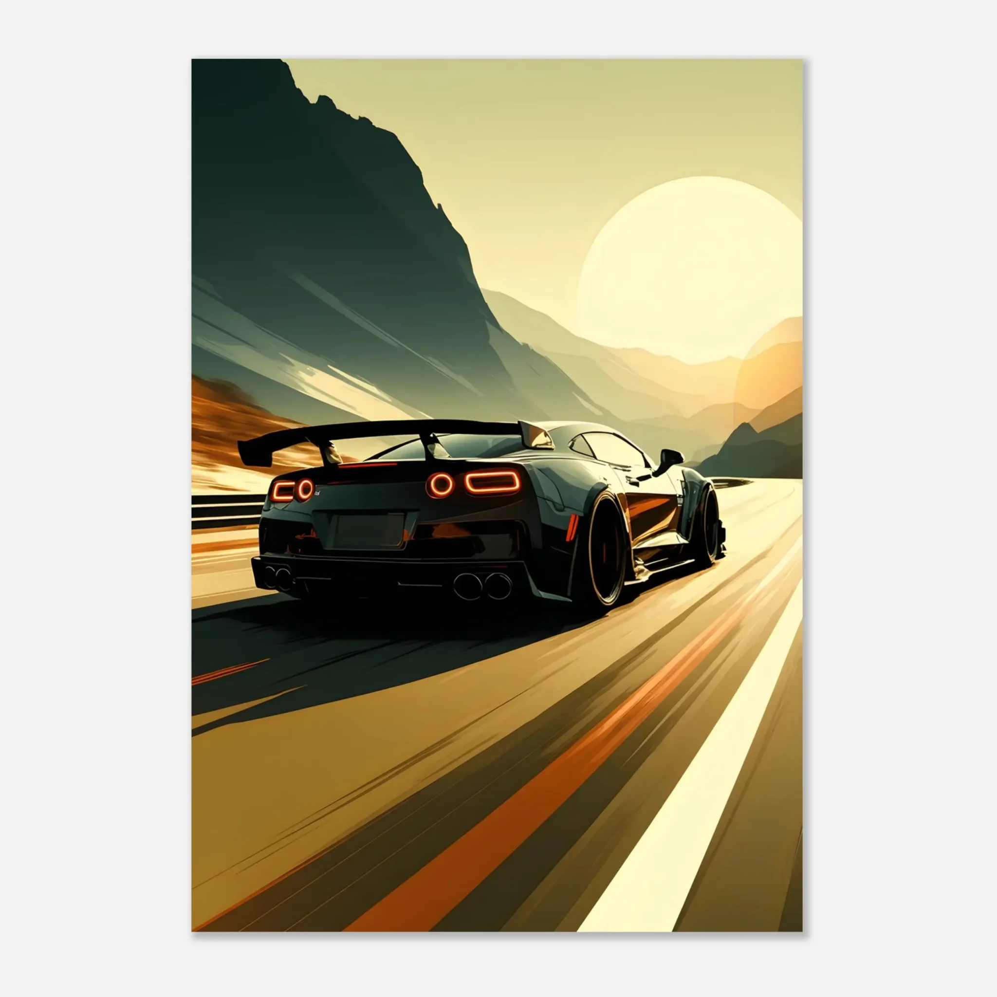 Car Art Sunset Landscape wall art that explores the visual relationship between the car, the road, and the horizon. Fine Art Print, printed in the EU.