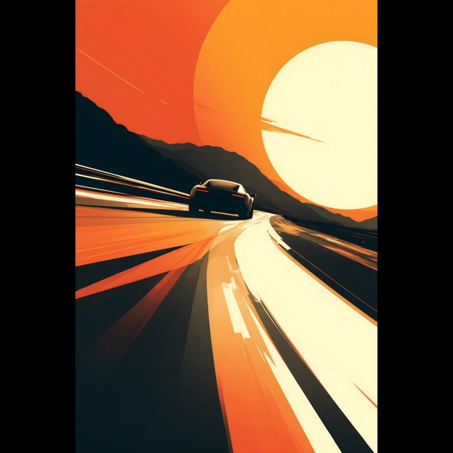 Guiding Arc Car Art Sunset Landscape Poster 1 Car Art Sunset Landscape wall art that explores the visual relationship between the car, the road, and the horizon. Fine Art Print, printed in the EU.