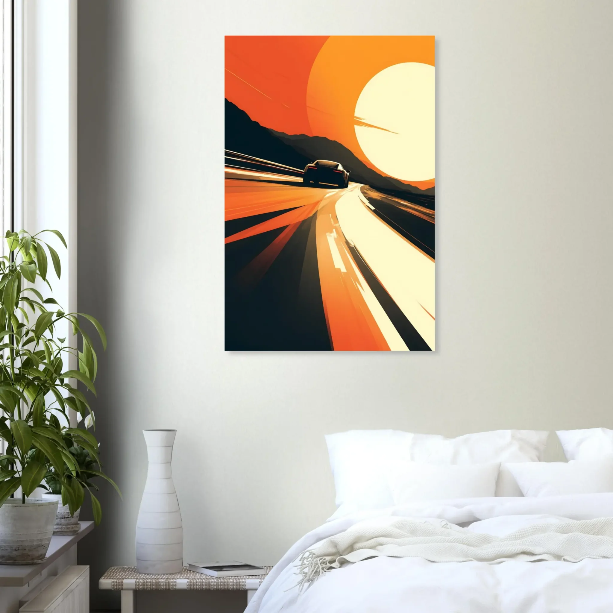 Car Art Sunset Landscape wall art that explores the visual relationship between the car, the road, and the horizon. Fine Art Print, printed in the EU.