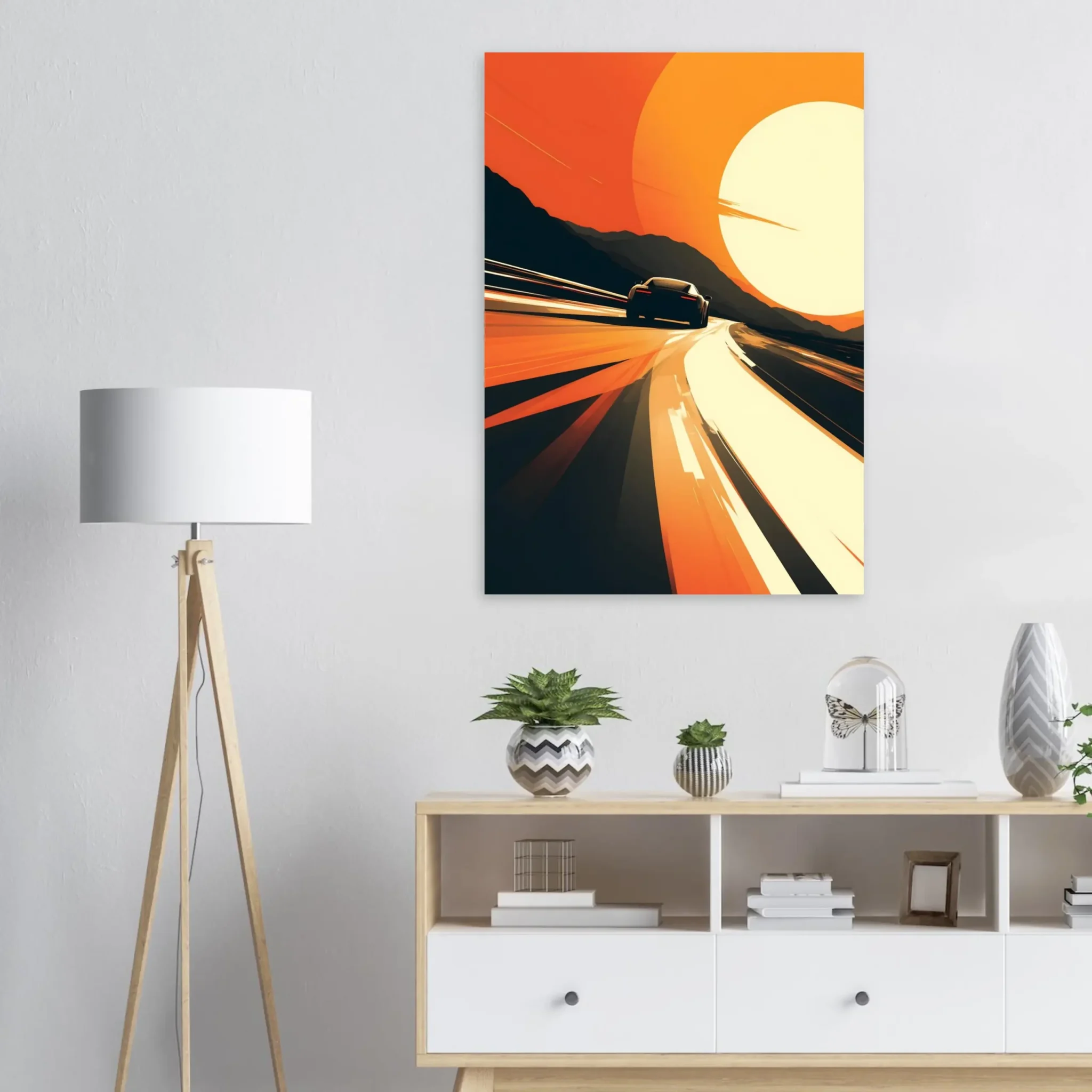 Car Art Sunset Landscape wall art that explores the visual relationship between the car, the road, and the horizon. Fine Art Print, printed in the EU.