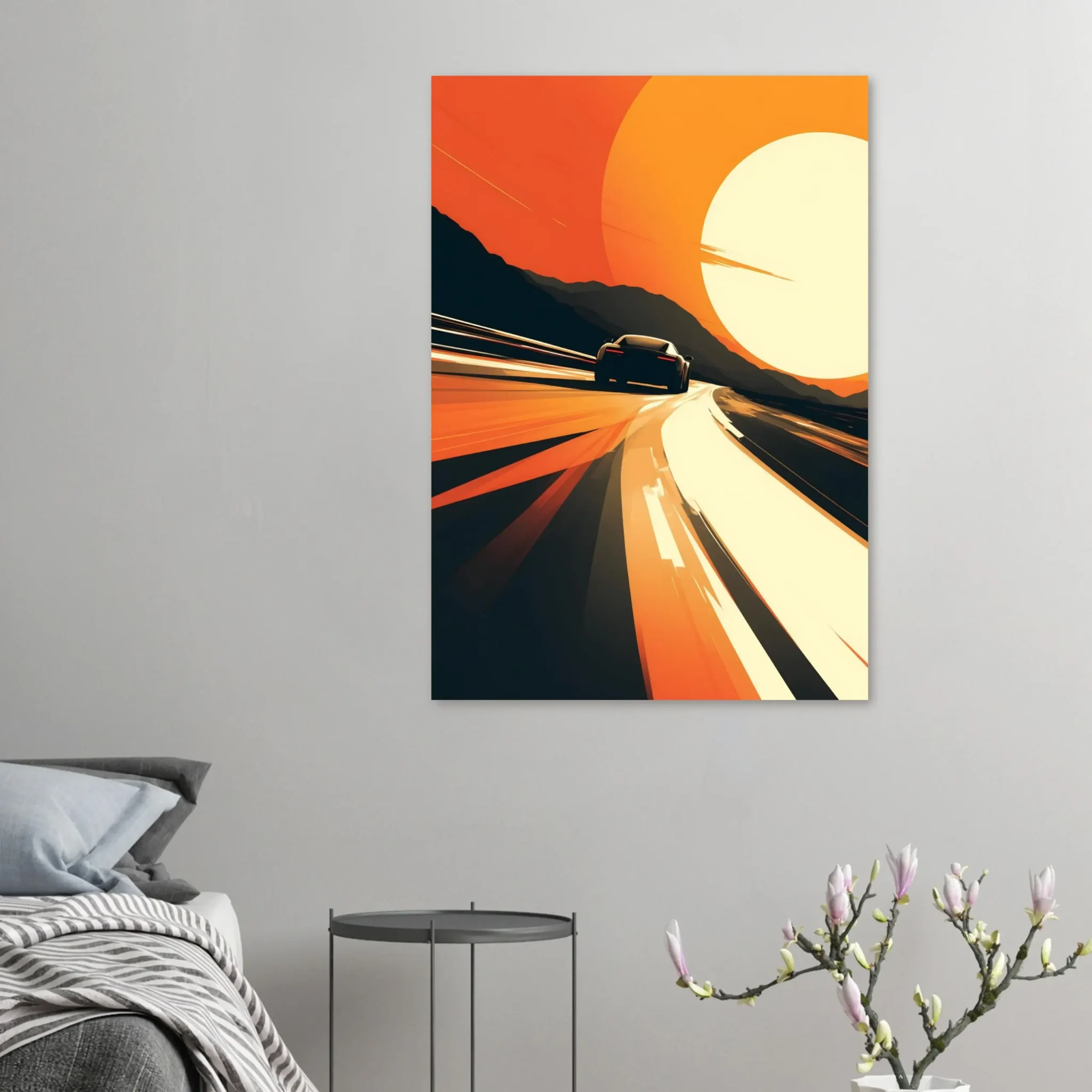 Car Art Sunset Landscape wall art that explores the visual relationship between the car, the road, and the horizon. Fine Art Print, printed in the EU.