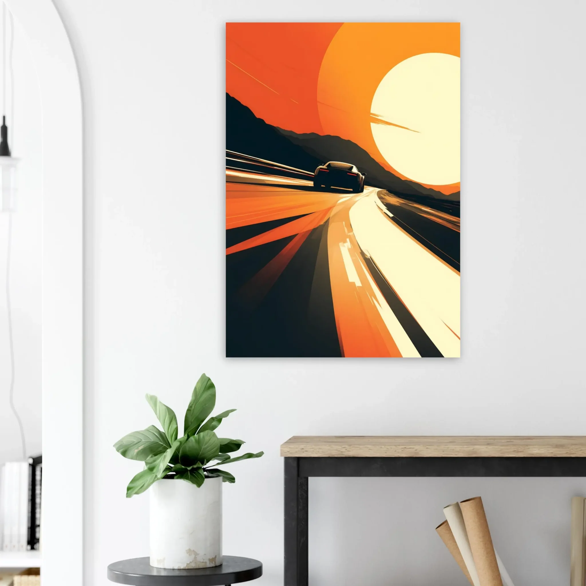 Car Art Sunset Landscape wall art that explores the visual relationship between the car, the road, and the horizon. Fine Art Print, printed in the EU.