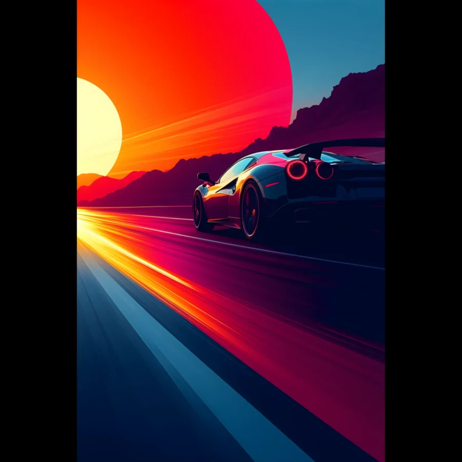 Horizon Ignition Car Art Sunset Landscape Poster 1 Car Art Sunset Landscape wall art that explores the visual relationship between the car, the road, and the horizon. Fine Art Print, printed in the EU.