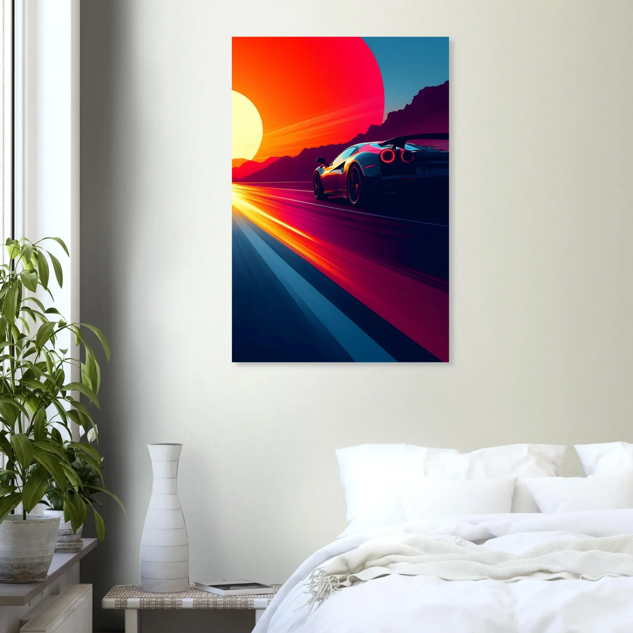 Car Art Sunset Landscape wall art that explores the visual relationship between the car, the road, and the horizon. Fine Art Print, printed in the EU.
