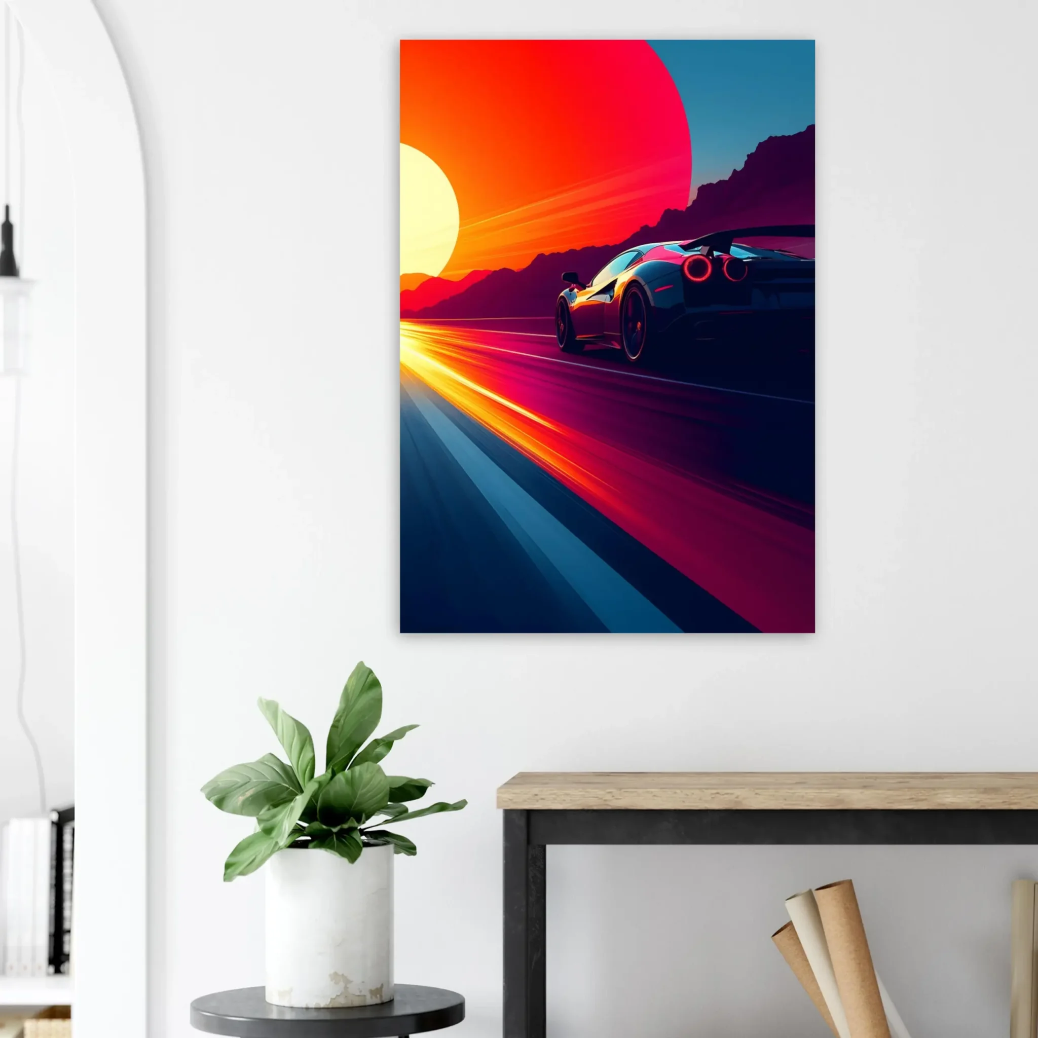 Car Art Sunset Landscape wall art that explores the visual relationship between the car, the road, and the horizon. Fine Art Print, printed in the EU.