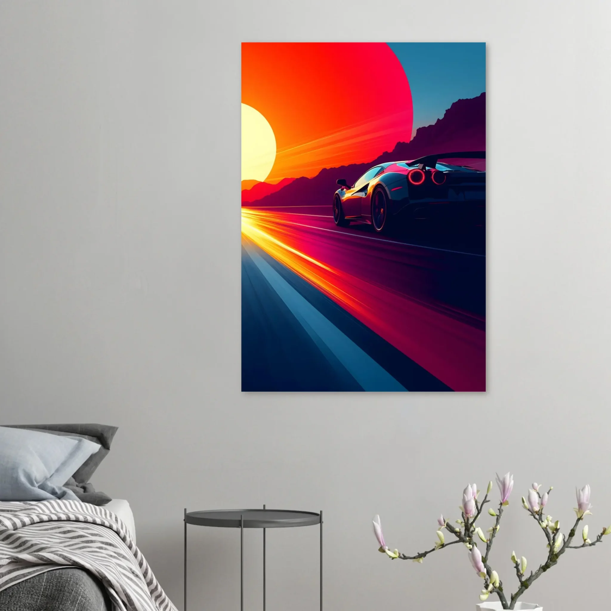 Car Art Sunset Landscape wall art that explores the visual relationship between the car, the road, and the horizon. Fine Art Print, printed in the EU.