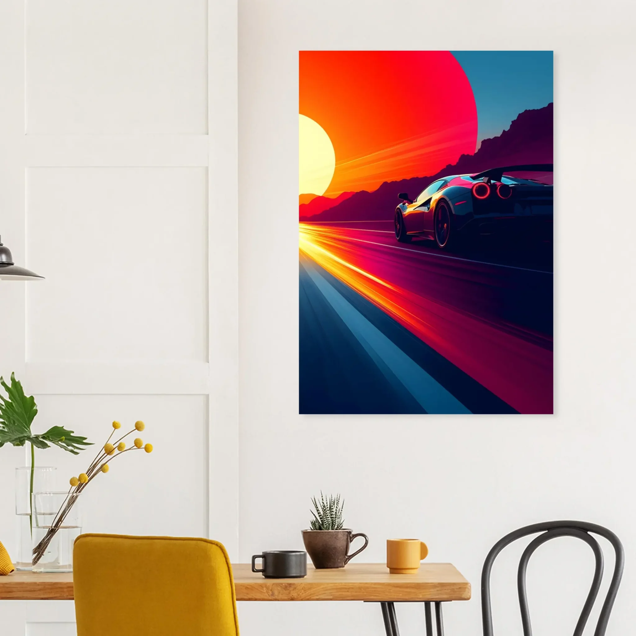 Car Art Sunset Landscape wall art that explores the visual relationship between the car, the road, and the horizon. Fine Art Print, printed in the EU.