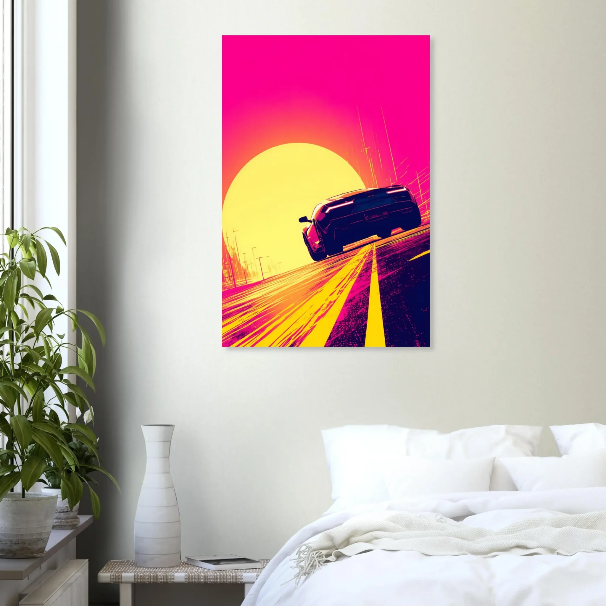 Car Art Sunset Landscape wall art that explores the visual relationship between the car, the road, and the horizon. Fine Art Print, printed in the EU.