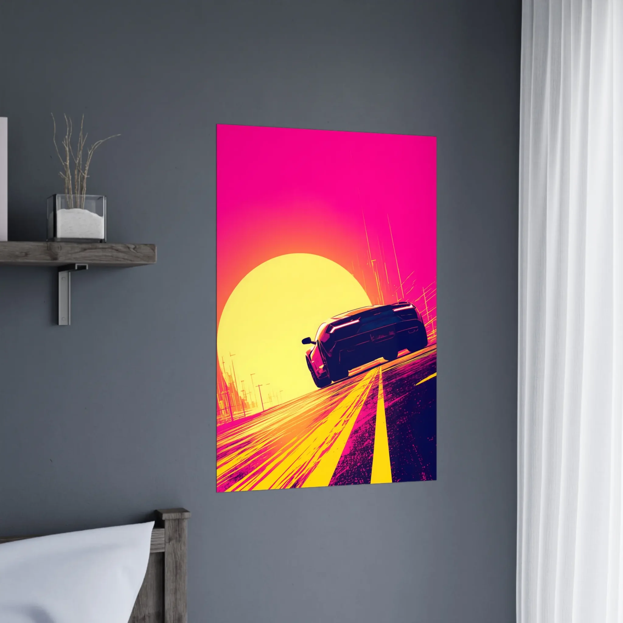 Car Art Sunset Landscape wall art that explores the visual relationship between the car, the road, and the horizon. Fine Art Print, printed in the EU.