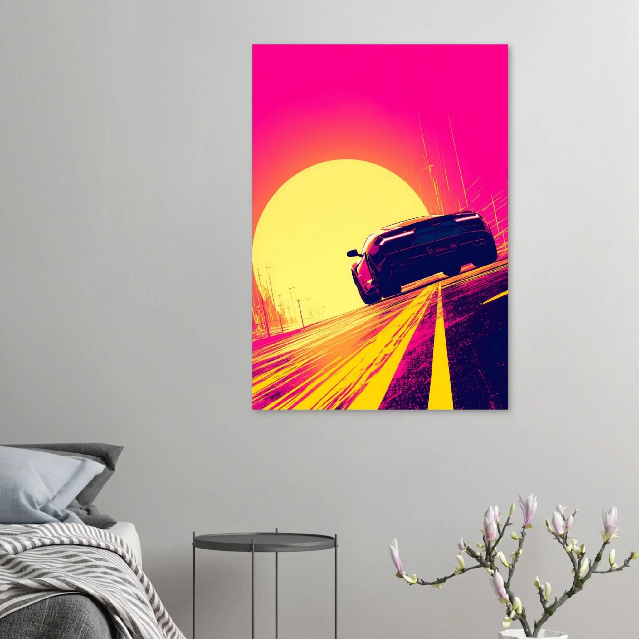 Car Art Sunset Landscape wall art that explores the visual relationship between the car, the road, and the horizon. Fine Art Print, printed in the EU.