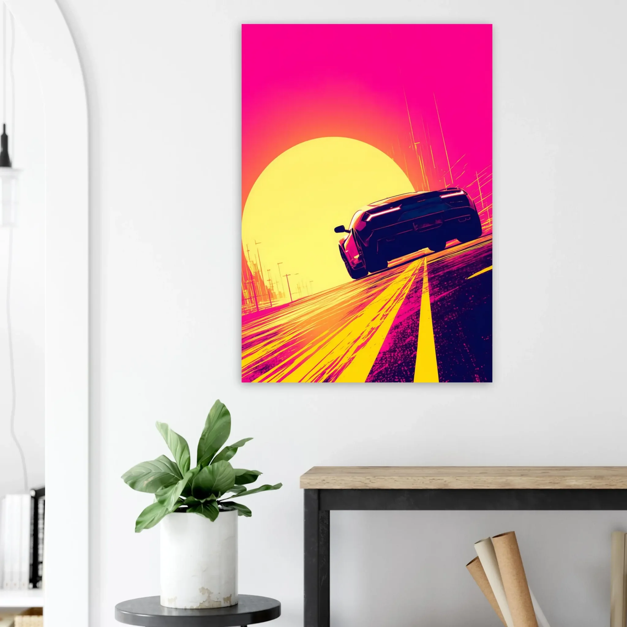 Car Art Sunset Landscape wall art that explores the visual relationship between the car, the road, and the horizon. Fine Art Print, printed in the EU.