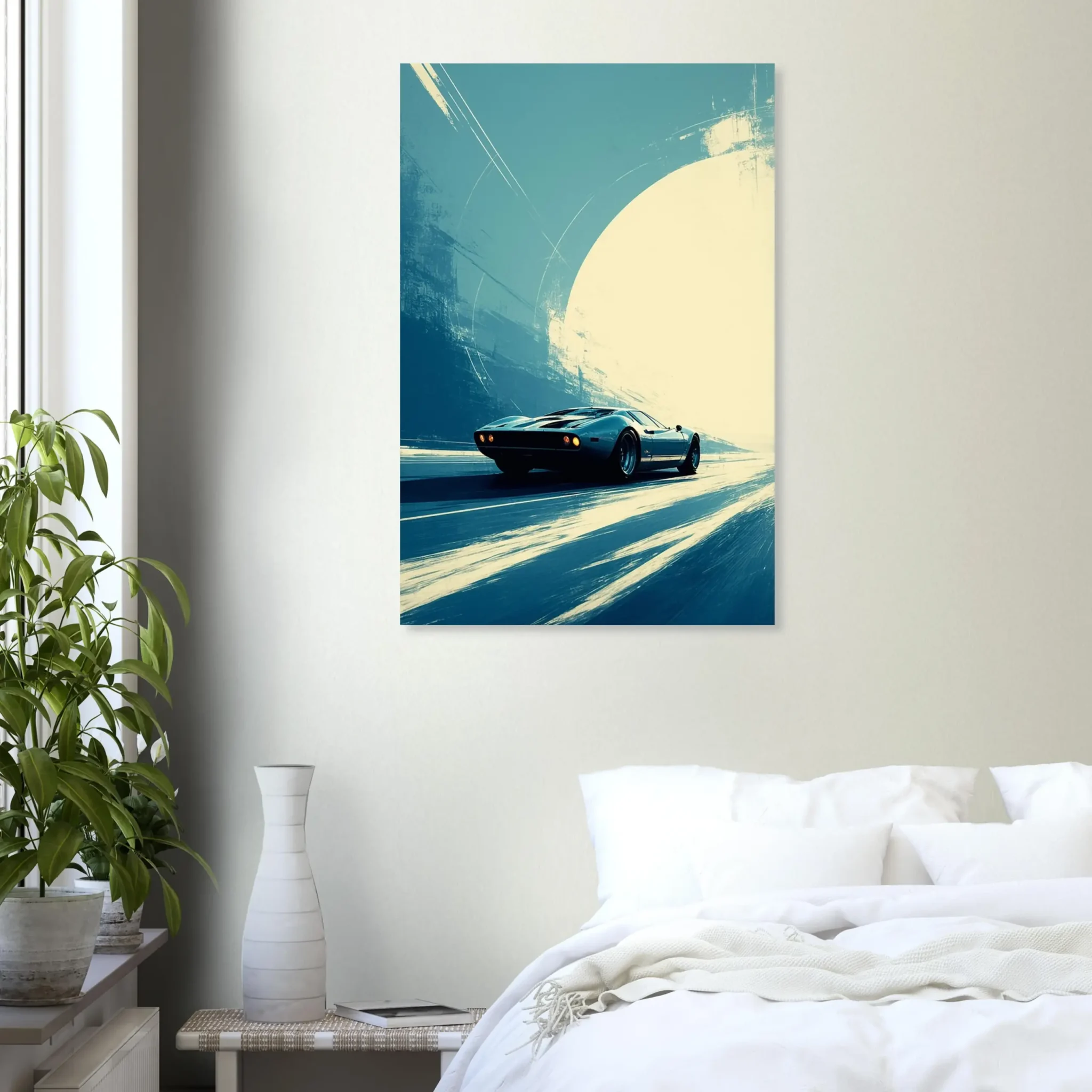 Car Art Sunset Landscape wall art that explores the visual relationship between the car, the road, and the horizon. Fine Art Print, printed in the EU.