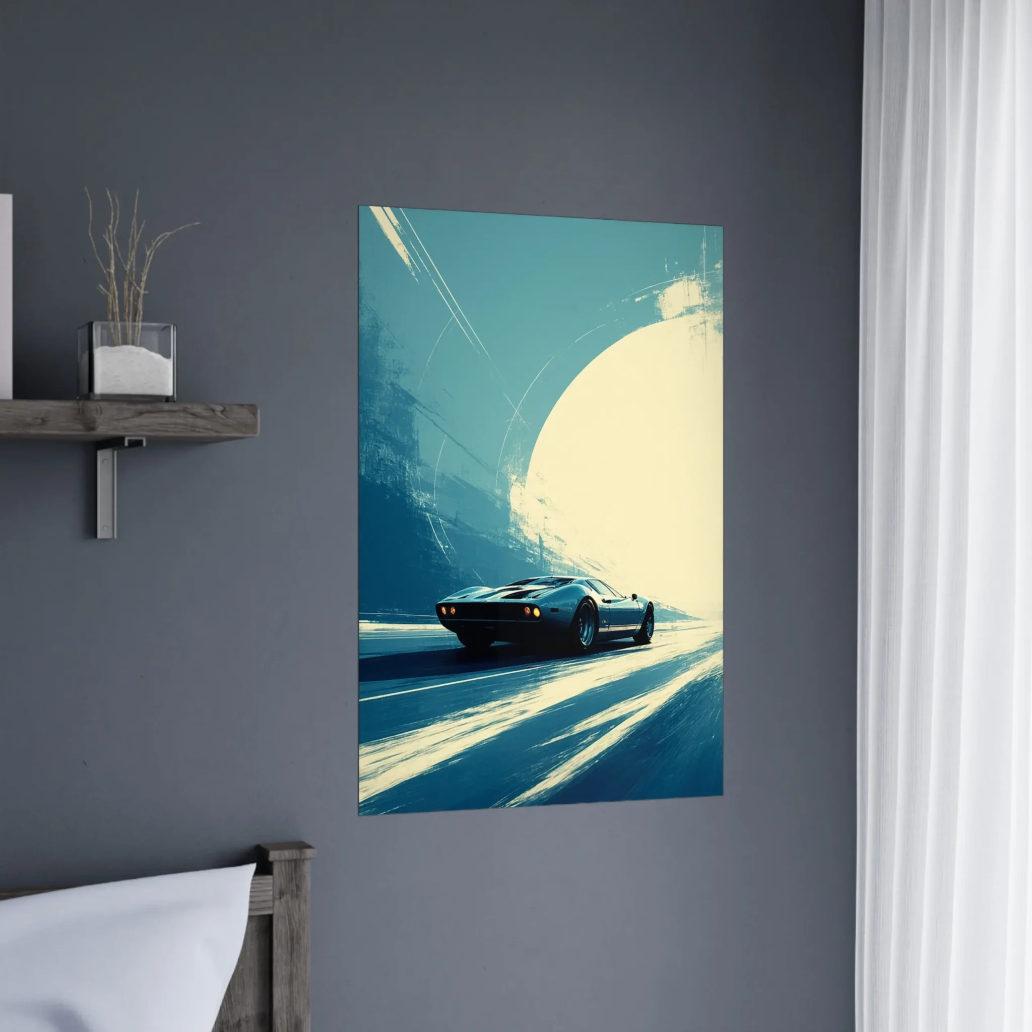 Car Art Sunset Landscape wall art that explores the visual relationship between the car, the road, and the horizon. Fine Art Print, printed in the EU.