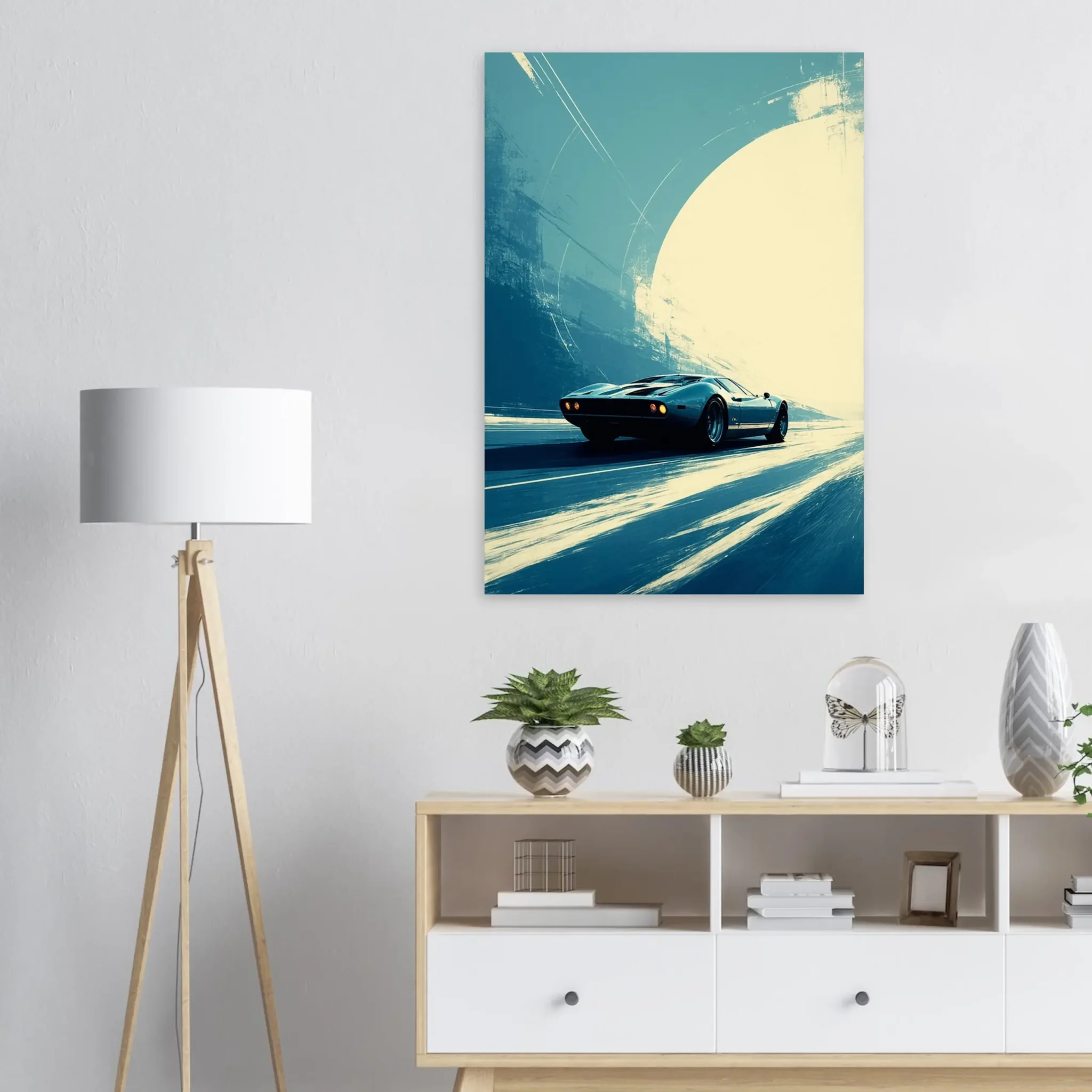 Car Art Sunset Landscape wall art that explores the visual relationship between the car, the road, and the horizon. Fine Art Print, printed in the EU.