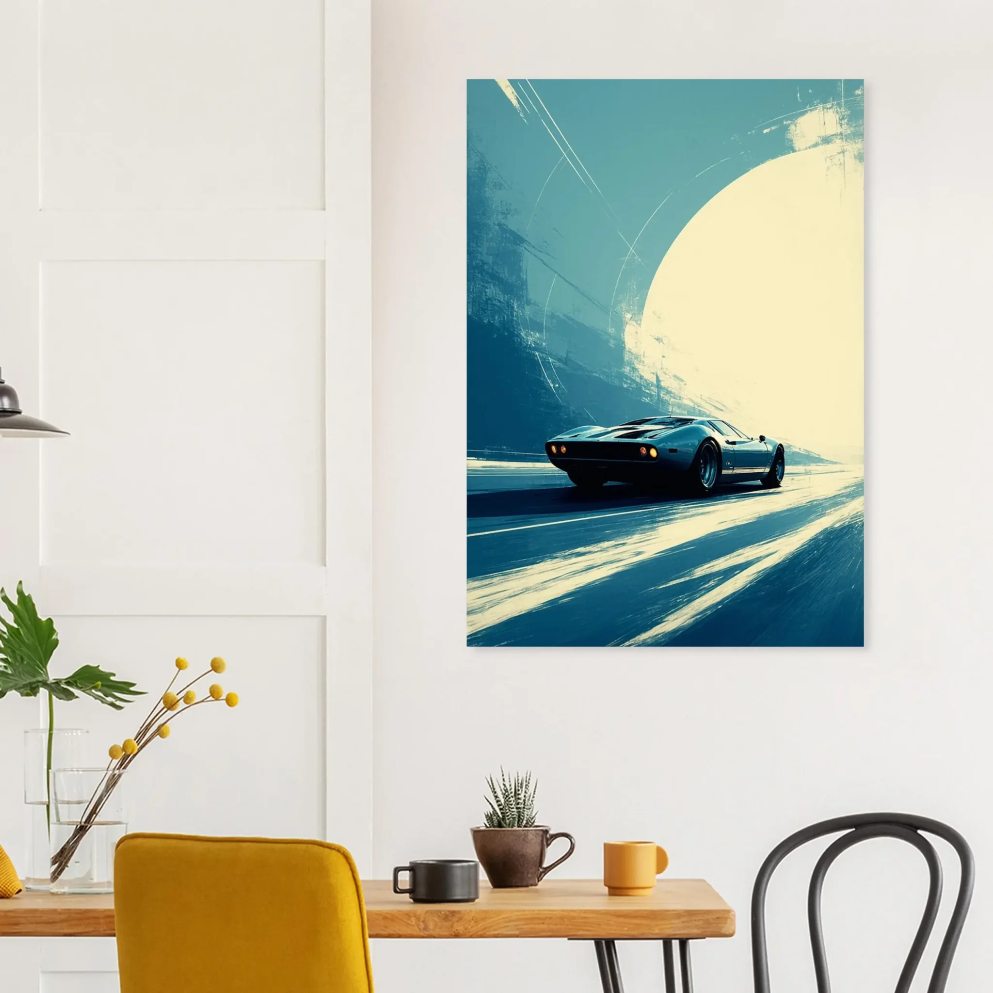Car Art Sunset Landscape wall art that explores the visual relationship between the car, the road, and the horizon. Fine Art Print, printed in the EU.