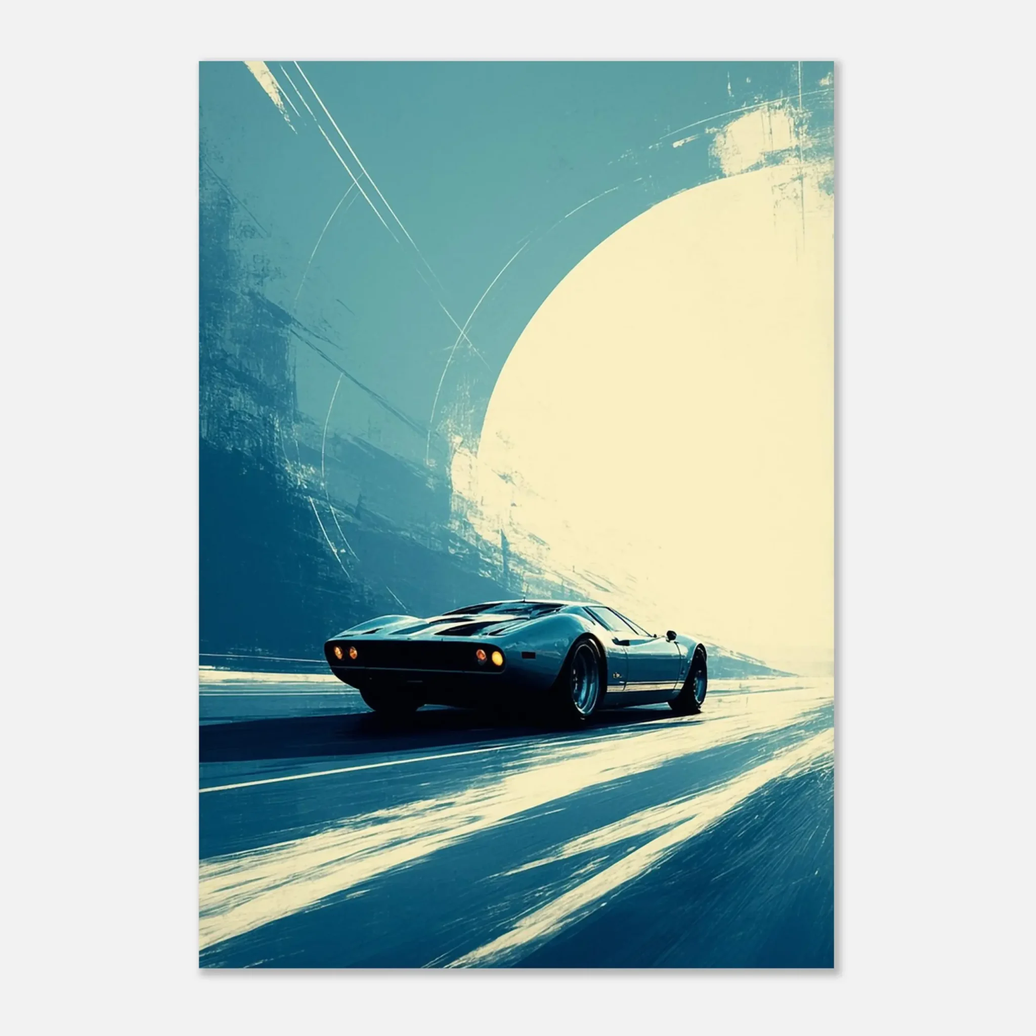 Car Art Sunset Landscape wall art that explores the visual relationship between the car, the road, and the horizon. Fine Art Print, printed in the EU.