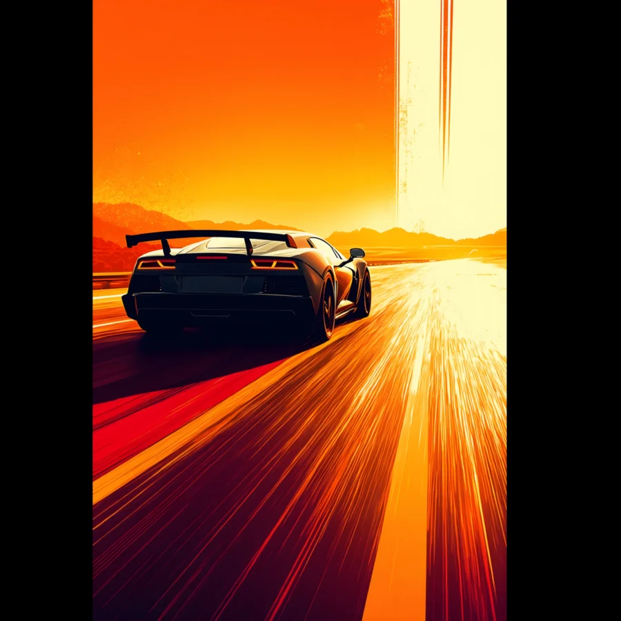 Car Art Sunset Landscape wall art that explores the visual relationship between the car, the road, and the horizon. Fine Art Print, printed in the EU.