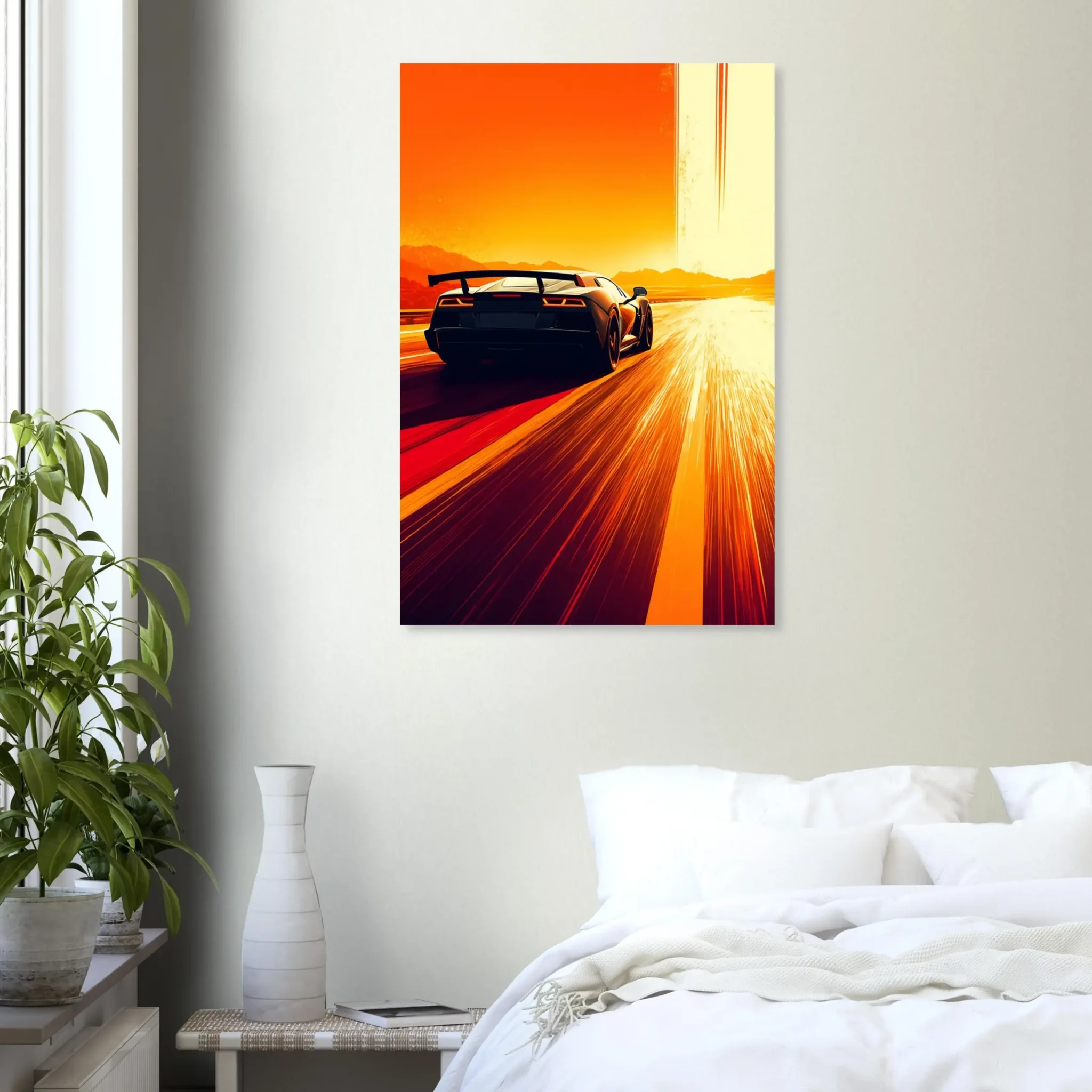 Car Art Sunset Landscape wall art that explores the visual relationship between the car, the road, and the horizon. Fine Art Print, printed in the EU.