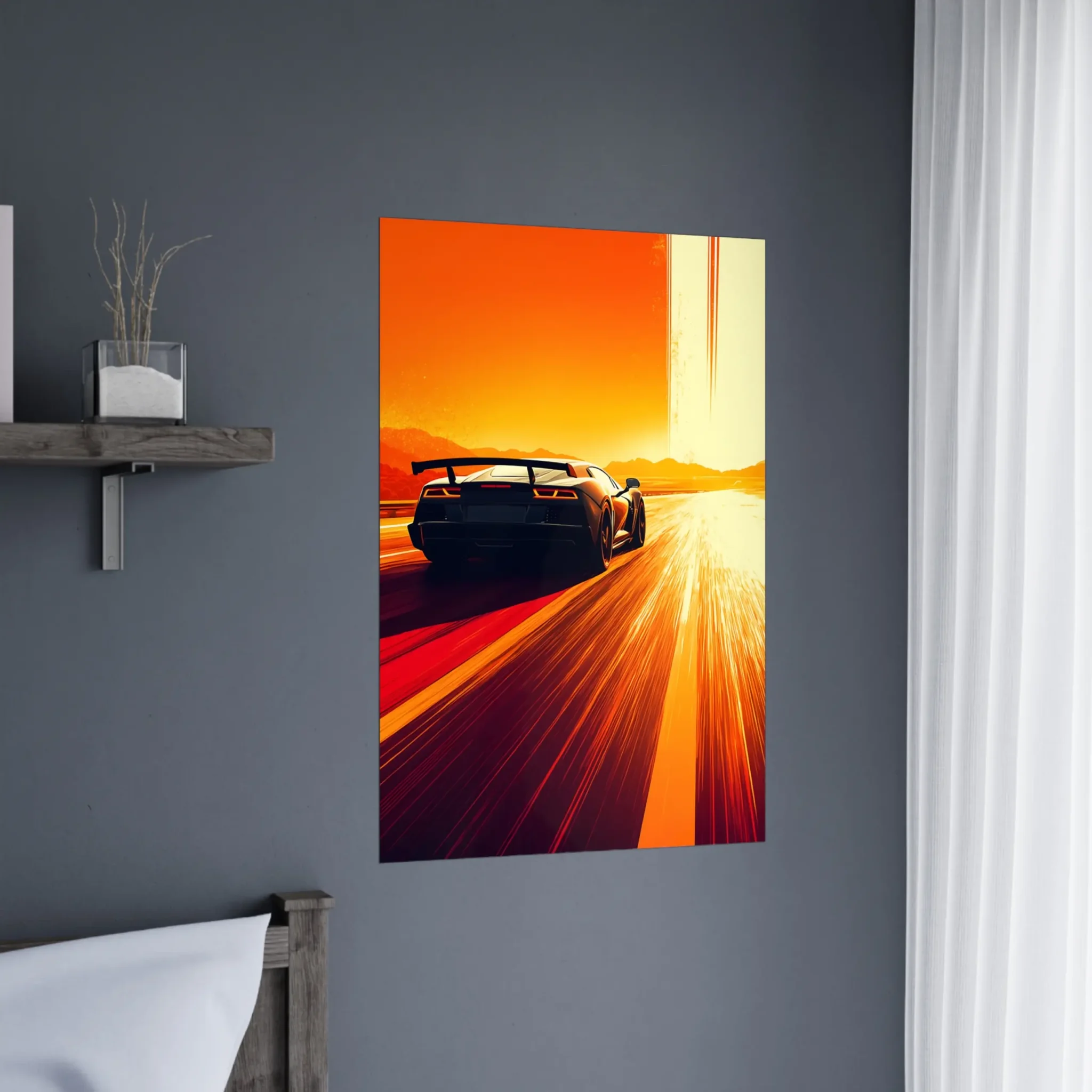 Car Art Sunset Landscape wall art that explores the visual relationship between the car, the road, and the horizon. Fine Art Print, printed in the EU.