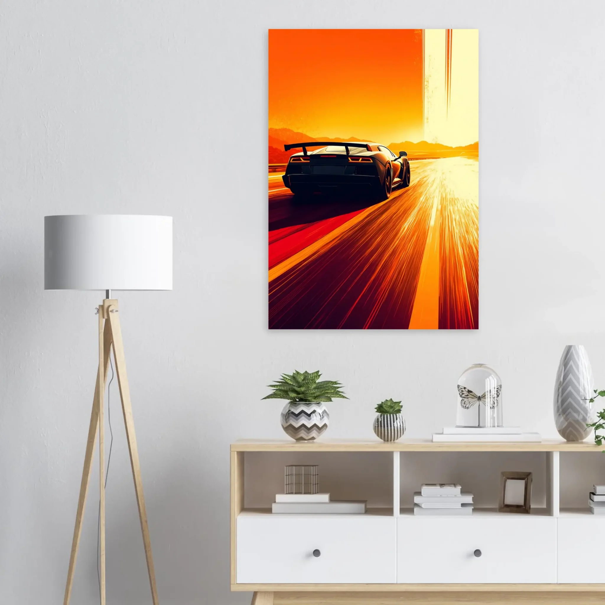Car Art Sunset Landscape wall art that explores the visual relationship between the car, the road, and the horizon. Fine Art Print, printed in the EU.