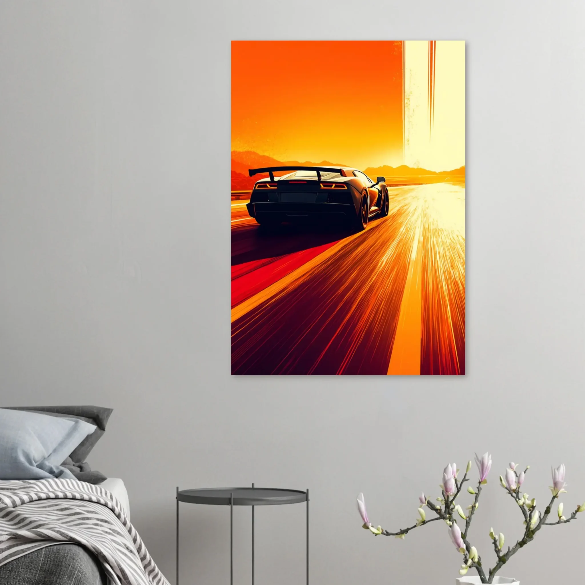 Car Art Sunset Landscape wall art that explores the visual relationship between the car, the road, and the horizon. Fine Art Print, printed in the EU.