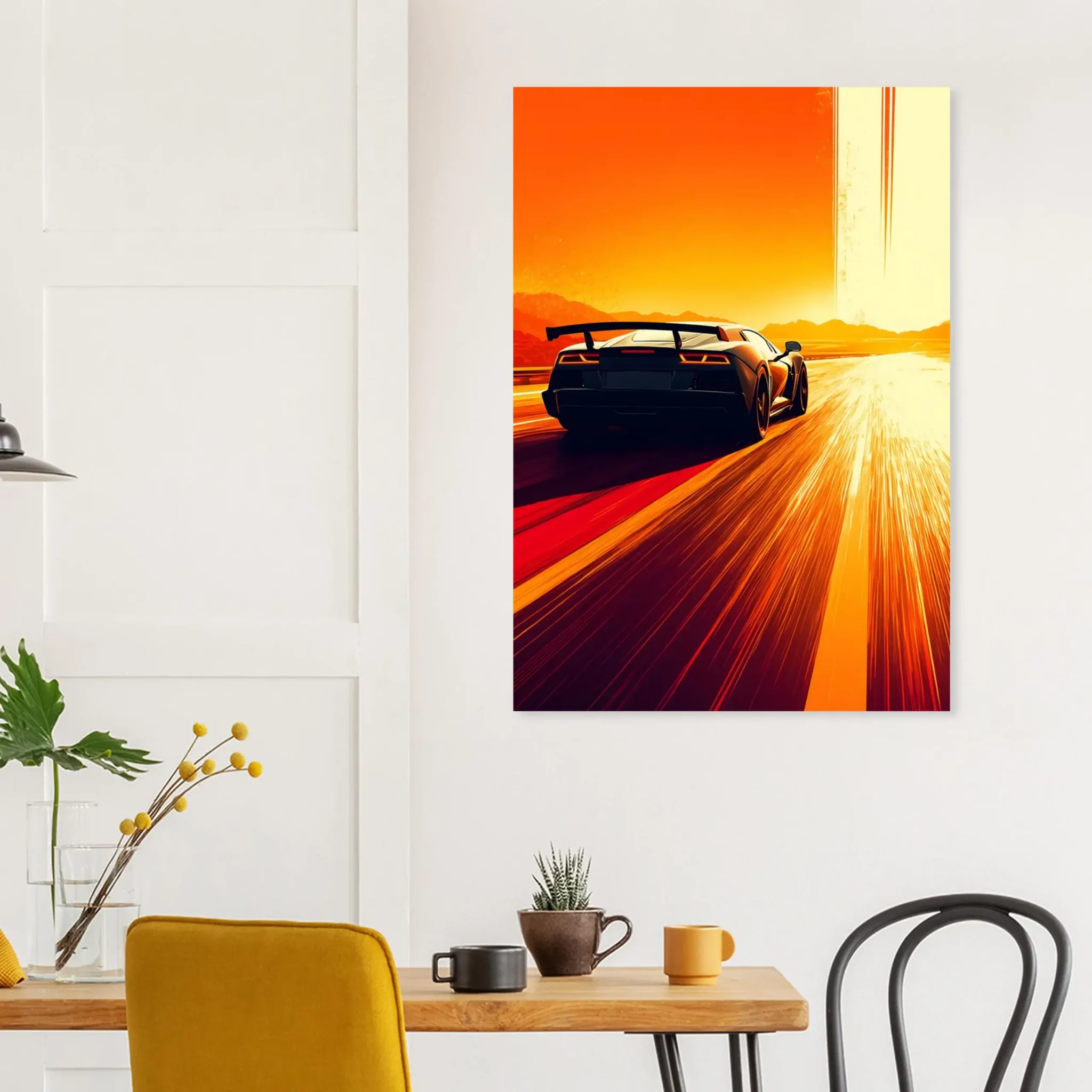 Car Art Sunset Landscape wall art that explores the visual relationship between the car, the road, and the horizon. Fine Art Print, printed in the EU.