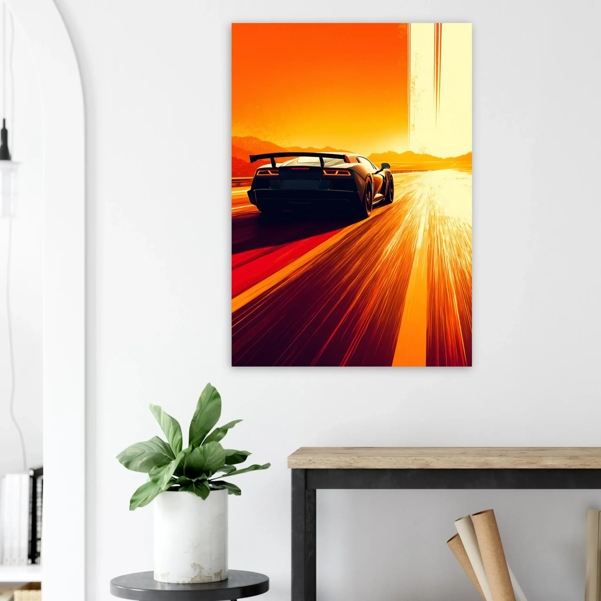 Car Art Sunset Landscape wall art that explores the visual relationship between the car, the road, and the horizon. Fine Art Print, printed in the EU.
