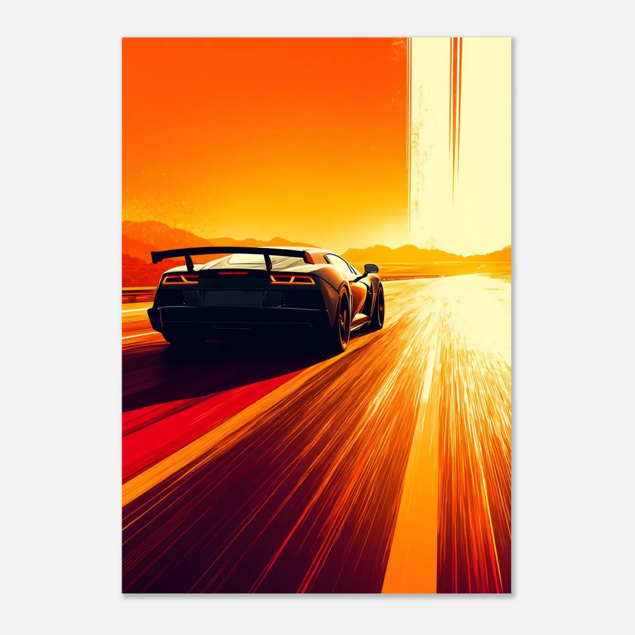 Car Art Sunset Landscape wall art that explores the visual relationship between the car, the road, and the horizon. Fine Art Print, printed in the EU.