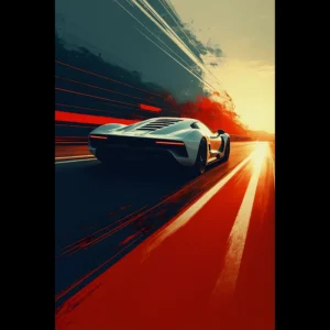 Red Vector Car Art Sunset Landscape Poster V2 - 1 Car Art Sunset Landscape wall art that explores the visual relationship between the car, the road, and the horizon. Fine Art Print, printed in the EU.