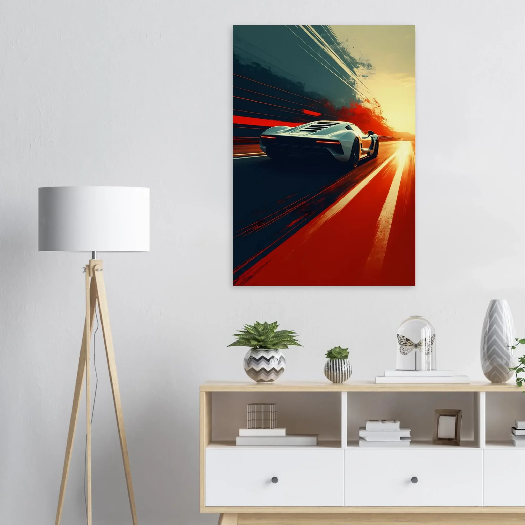 Car Art Sunset Landscape wall art that explores the visual relationship between the car, the road, and the horizon. Fine Art Print, printed in the EU.