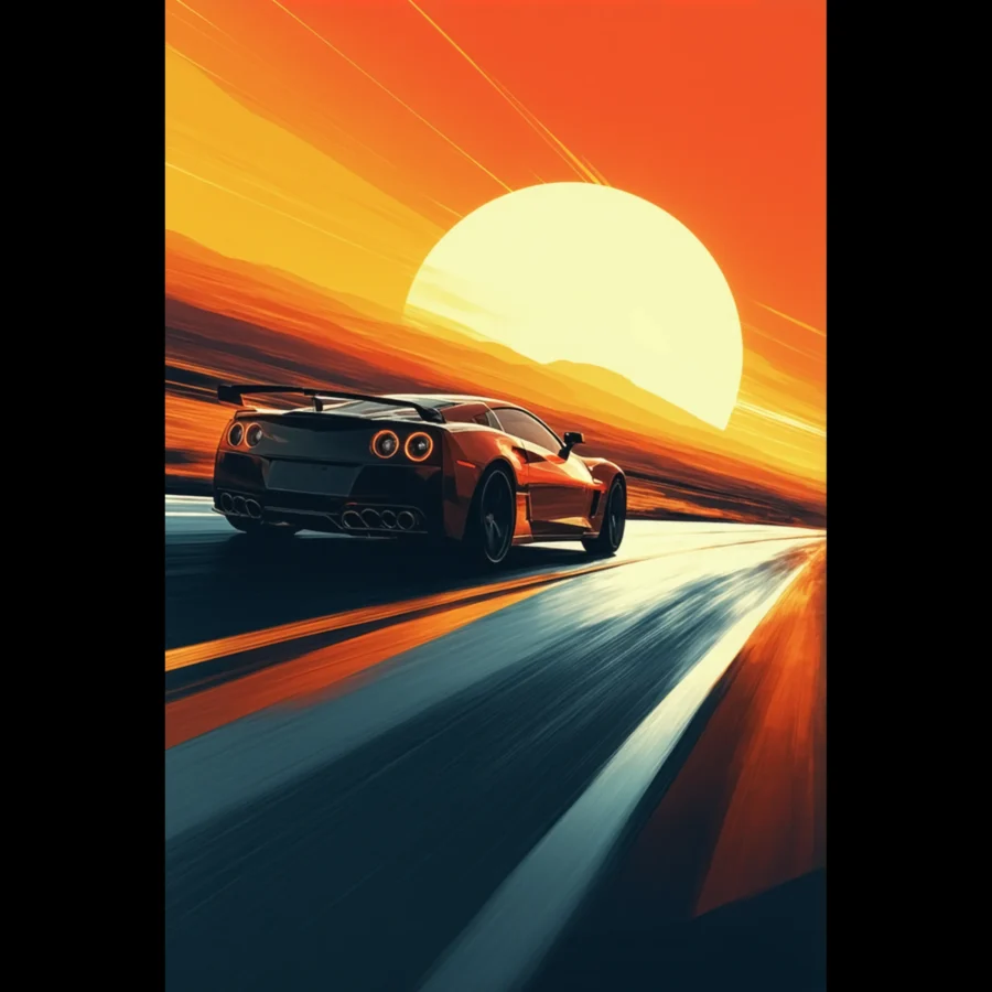 Car Art Sunset Landscape wall art that explores the visual relationship between the car, the road, and the horizon. Fine Art Print, printed in the EU.