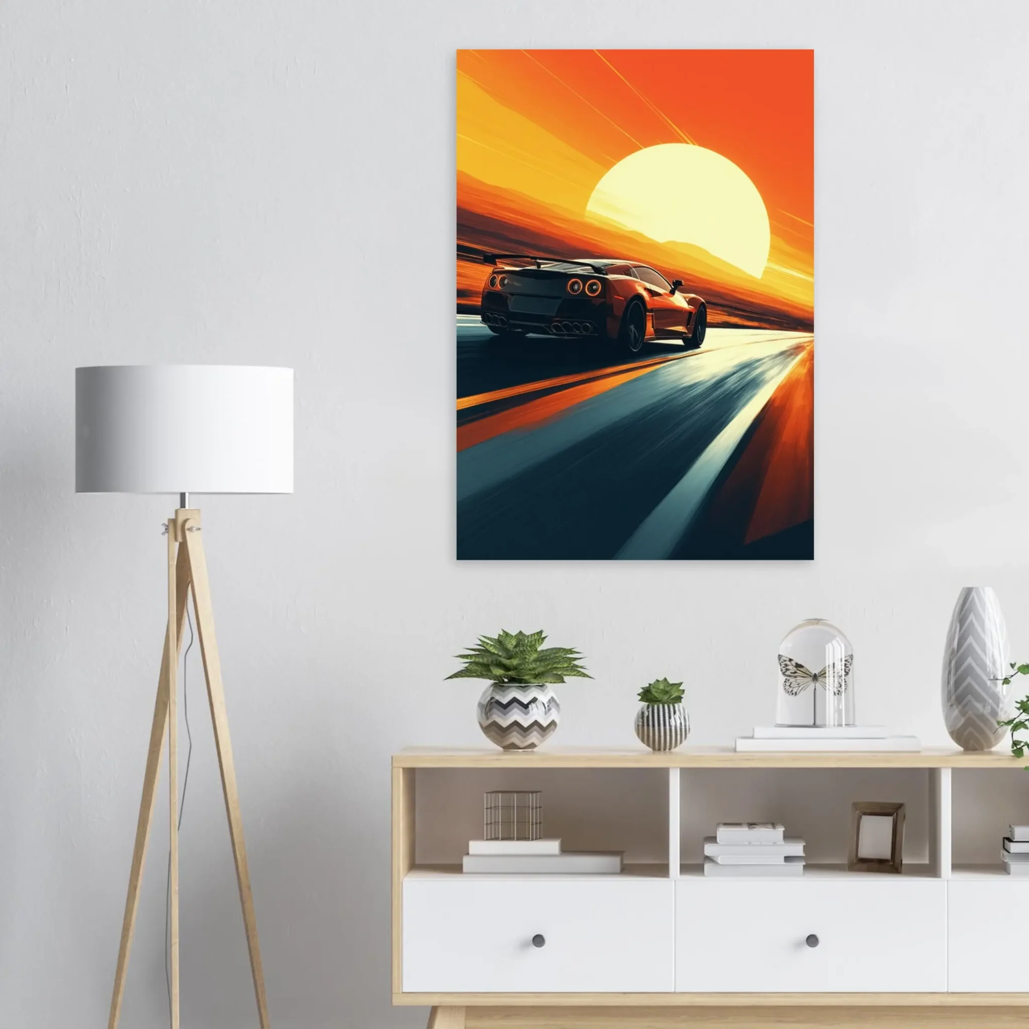 Car Art Sunset Landscape wall art that explores the visual relationship between the car, the road, and the horizon. Fine Art Print, printed in the EU.