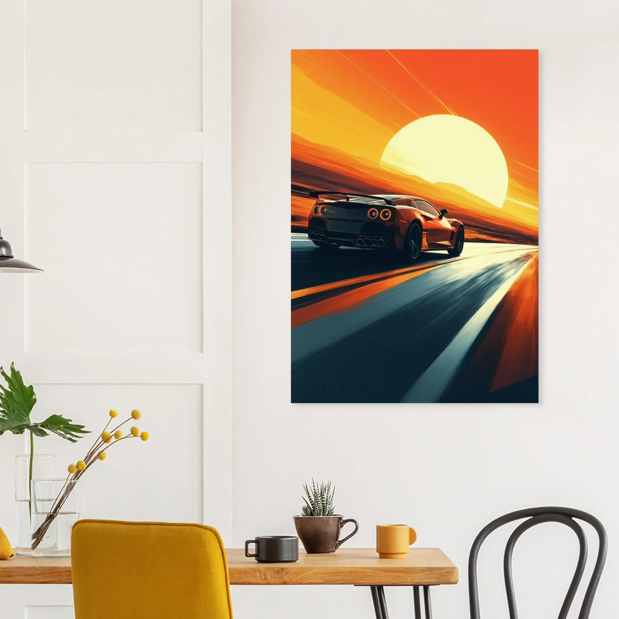 Car Art Sunset Landscape wall art that explores the visual relationship between the car, the road, and the horizon. Fine Art Print, printed in the EU.