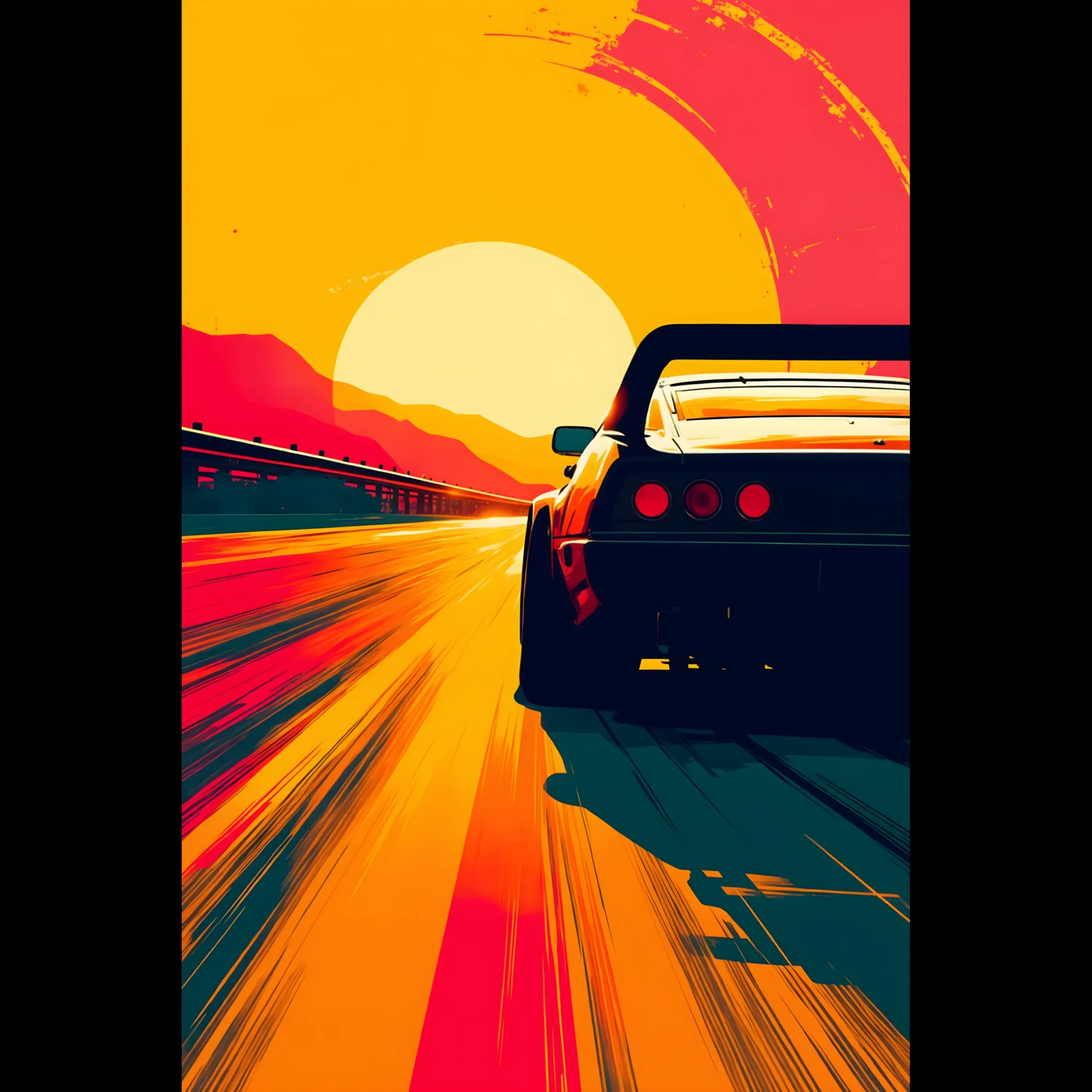 Car Art Sunset Landscape wall art that explores the visual relationship between the car, the road, and the horizon. Fine Art Print, printed in the EU.