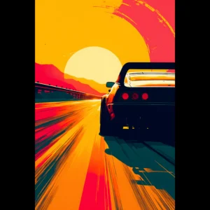 Car Art Sunset Landscape wall art that explores the visual relationship between the car, the road, and the horizon. Fine Art Print, printed in the EU.