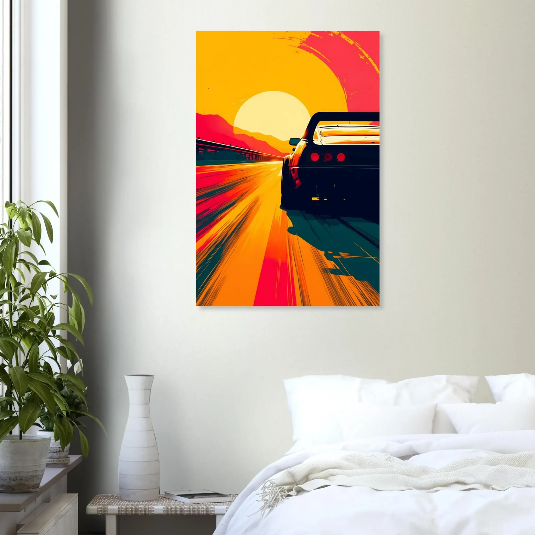 Car Art Sunset Landscape wall art that explores the visual relationship between the car, the road, and the horizon. Fine Art Print, printed in the EU.