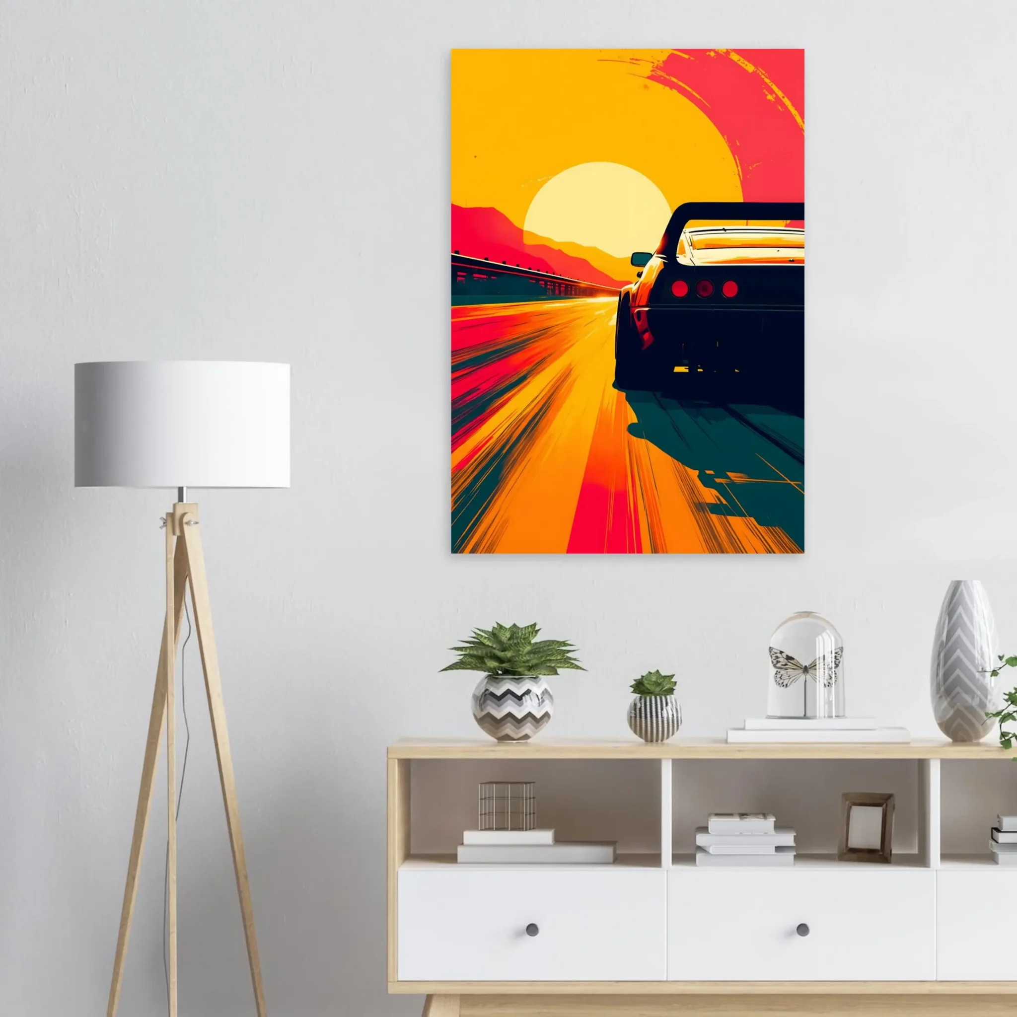 Car Art Sunset Landscape wall art that explores the visual relationship between the car, the road, and the horizon. Fine Art Print, printed in the EU.