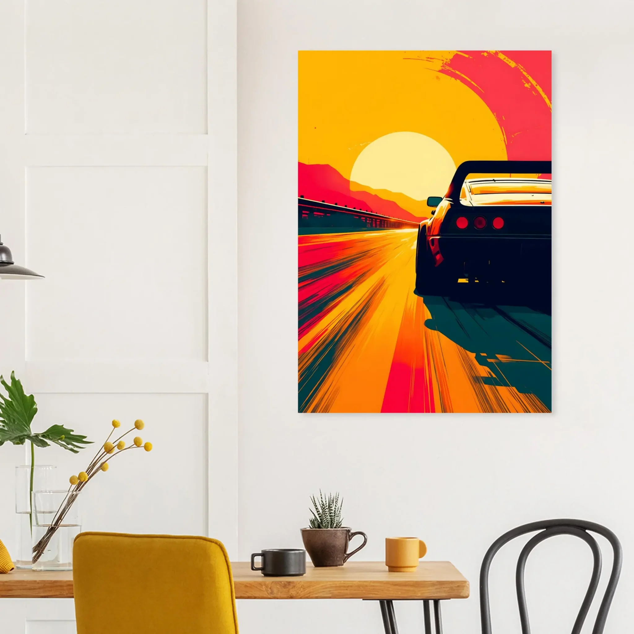 Car Art Sunset Landscape wall art that explores the visual relationship between the car, the road, and the horizon. Fine Art Print, printed in the EU.