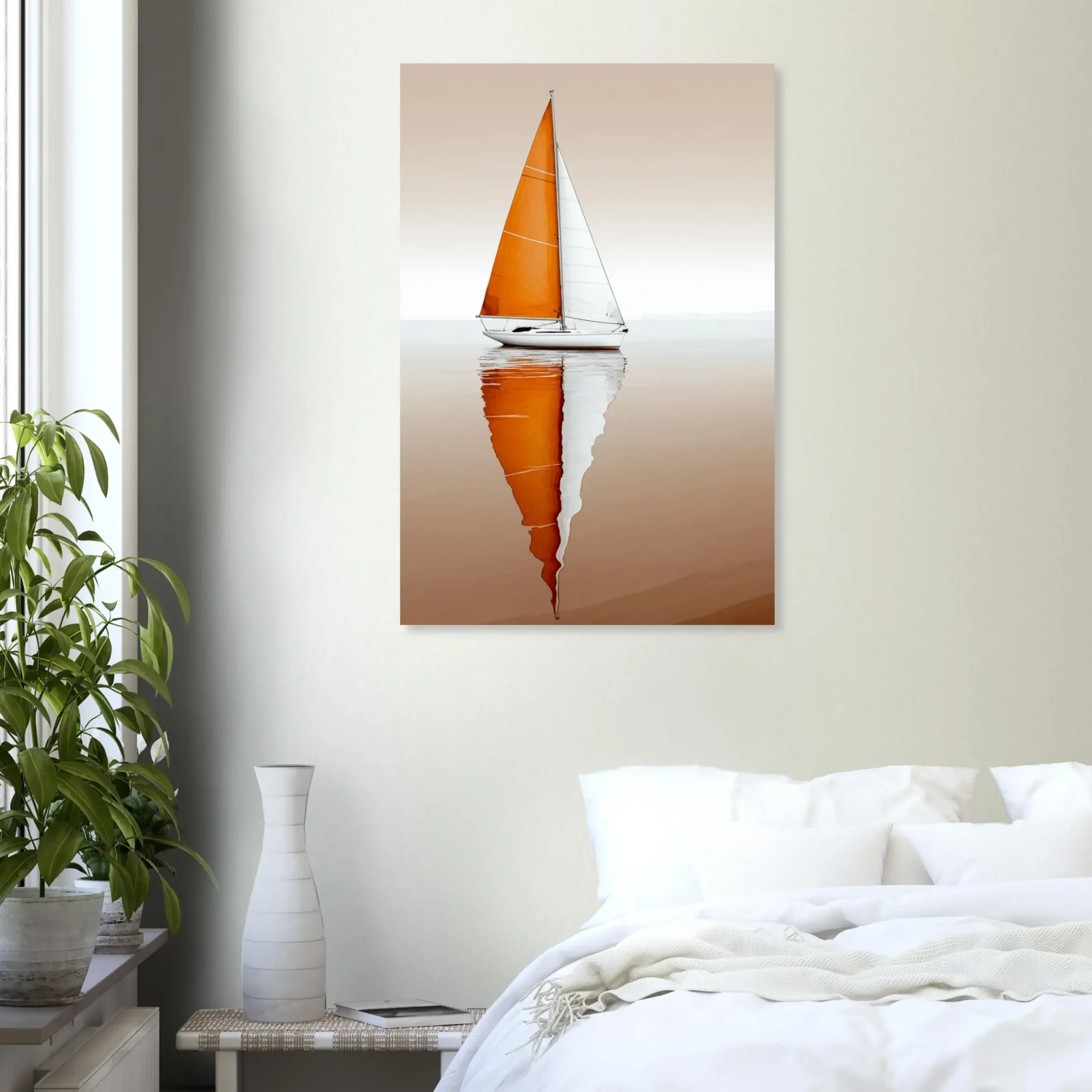 Minimalist sailboat seascape wall art featuring a solitary vessel, reflective water, and an open horizon. Fine art print from the ColorVanta EU Store.