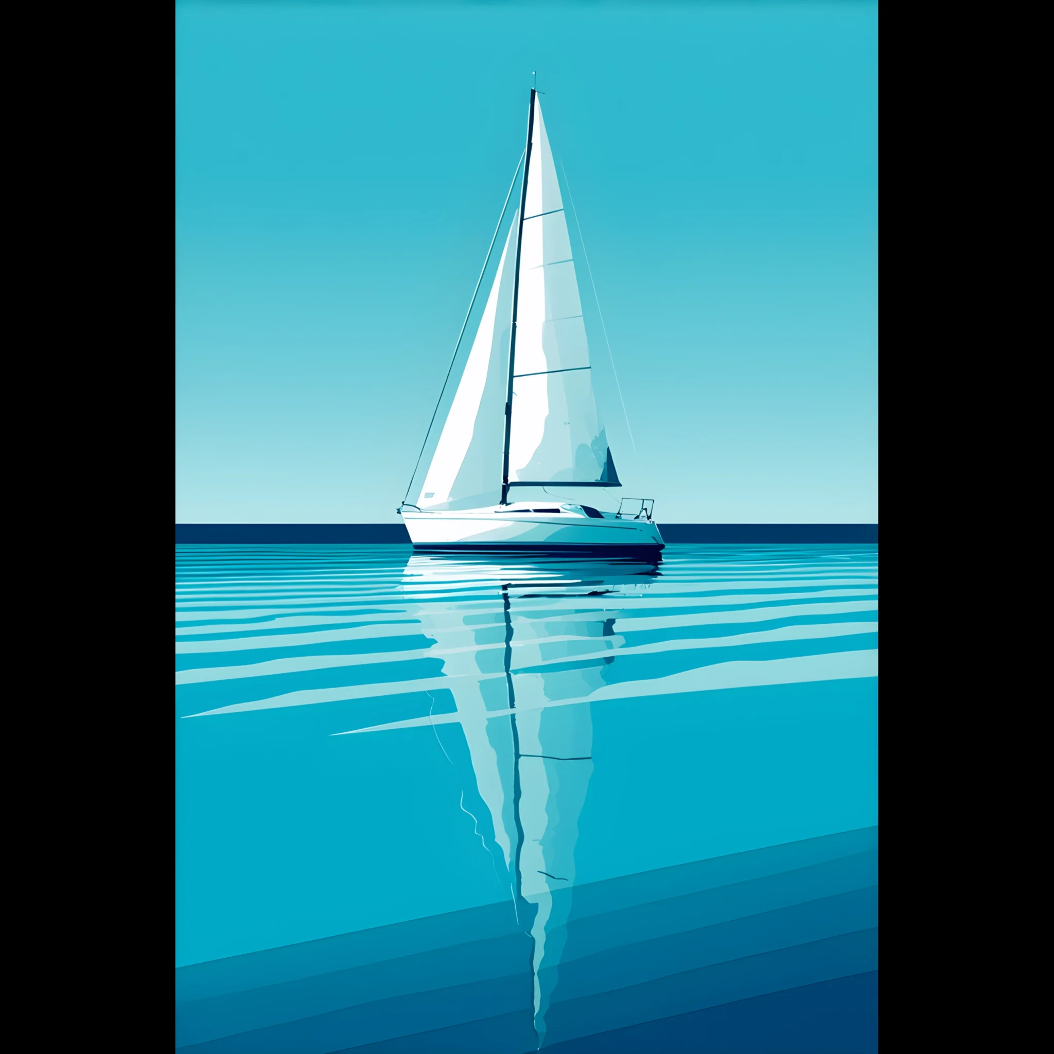 Minimalist sailboat seascape wall art featuring a solitary vessel, reflective water, and an open horizon. Fine art print from the ColorVanta EU Store.