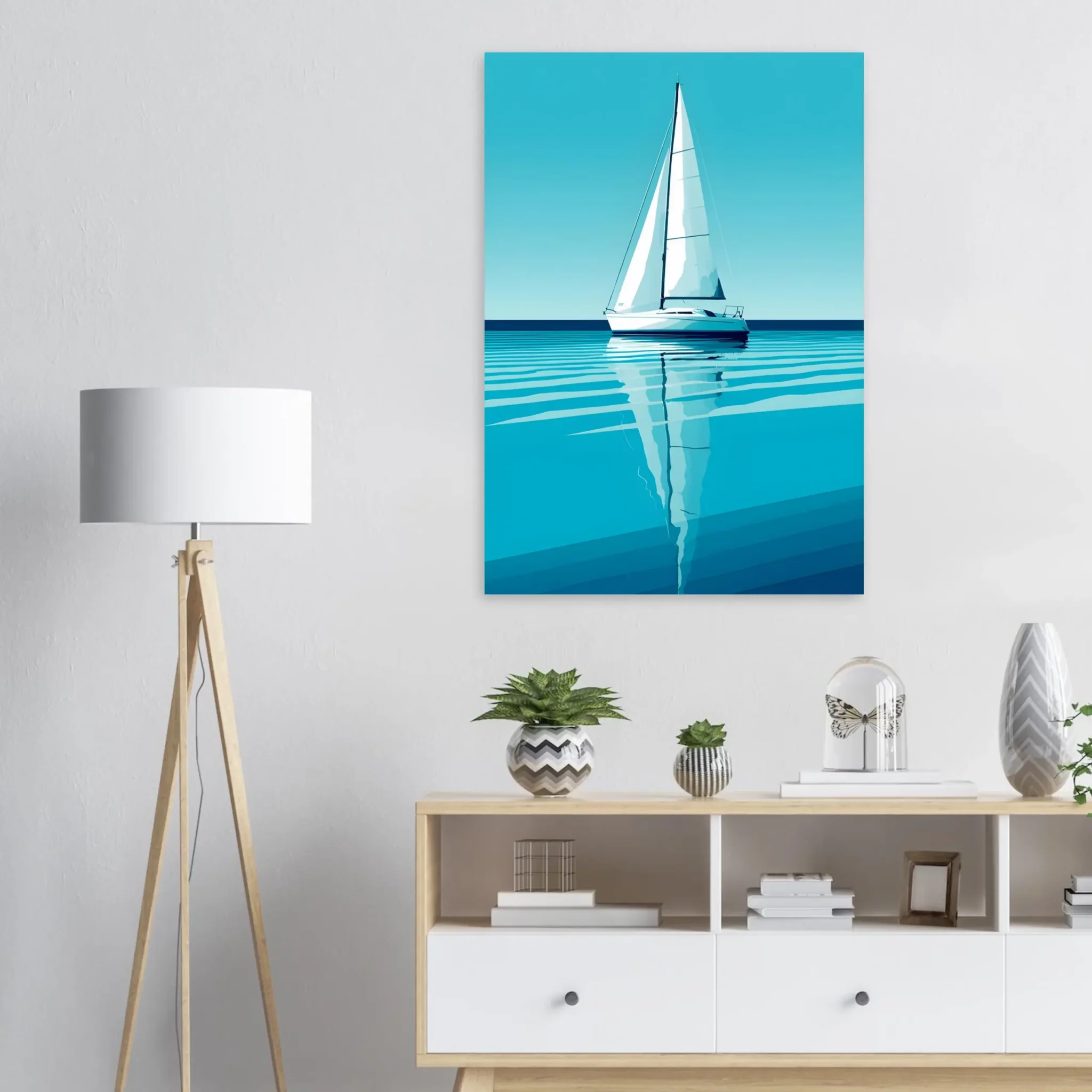 Minimalist sailboat seascape wall art featuring a solitary vessel, reflective water, and an open horizon. Fine art print from the ColorVanta EU Store.