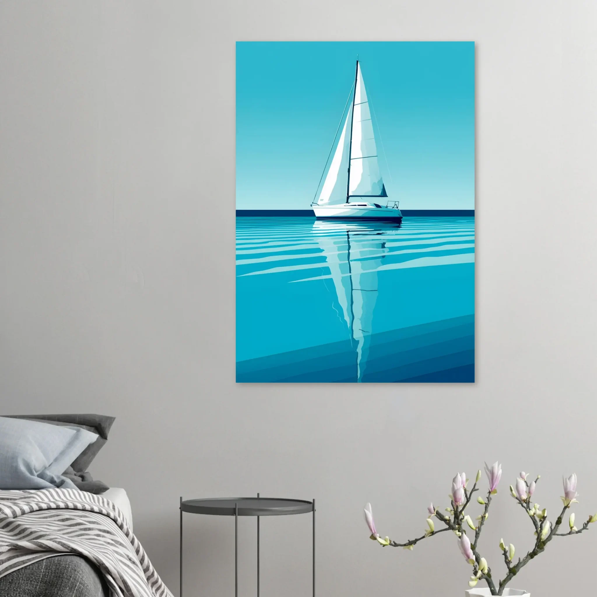 Minimalist sailboat seascape wall art featuring a solitary vessel, reflective water, and an open horizon. Fine art print from the ColorVanta EU Store.