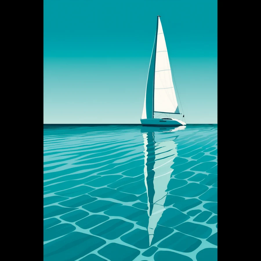 Minimalist sailboat seascape wall art featuring a solitary vessel, reflective water, and an open horizon. Fine art print from the ColorVanta EU Store.