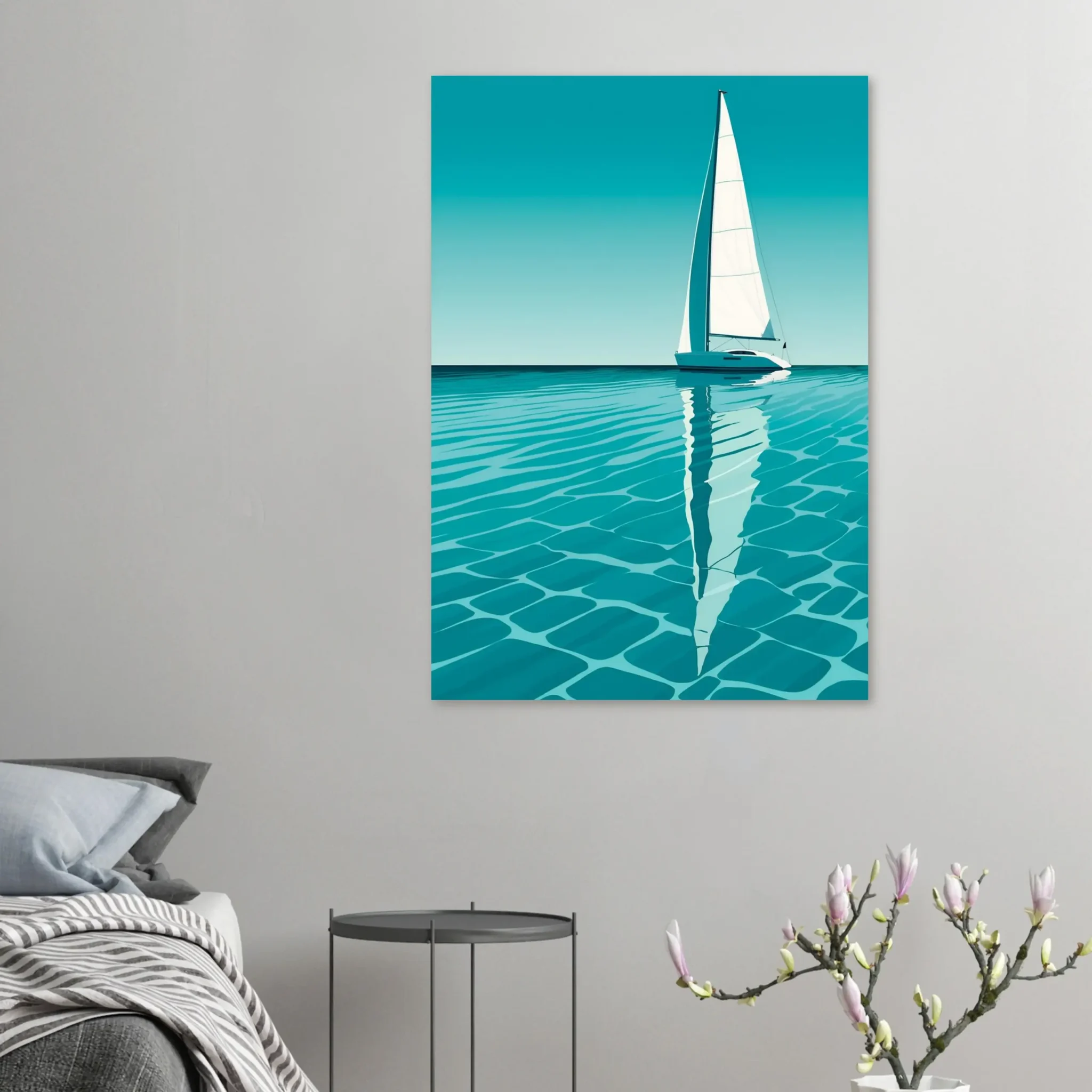 Minimalist sailboat seascape wall art featuring a solitary vessel, reflective water, and an open horizon. Fine art print from the ColorVanta EU Store.