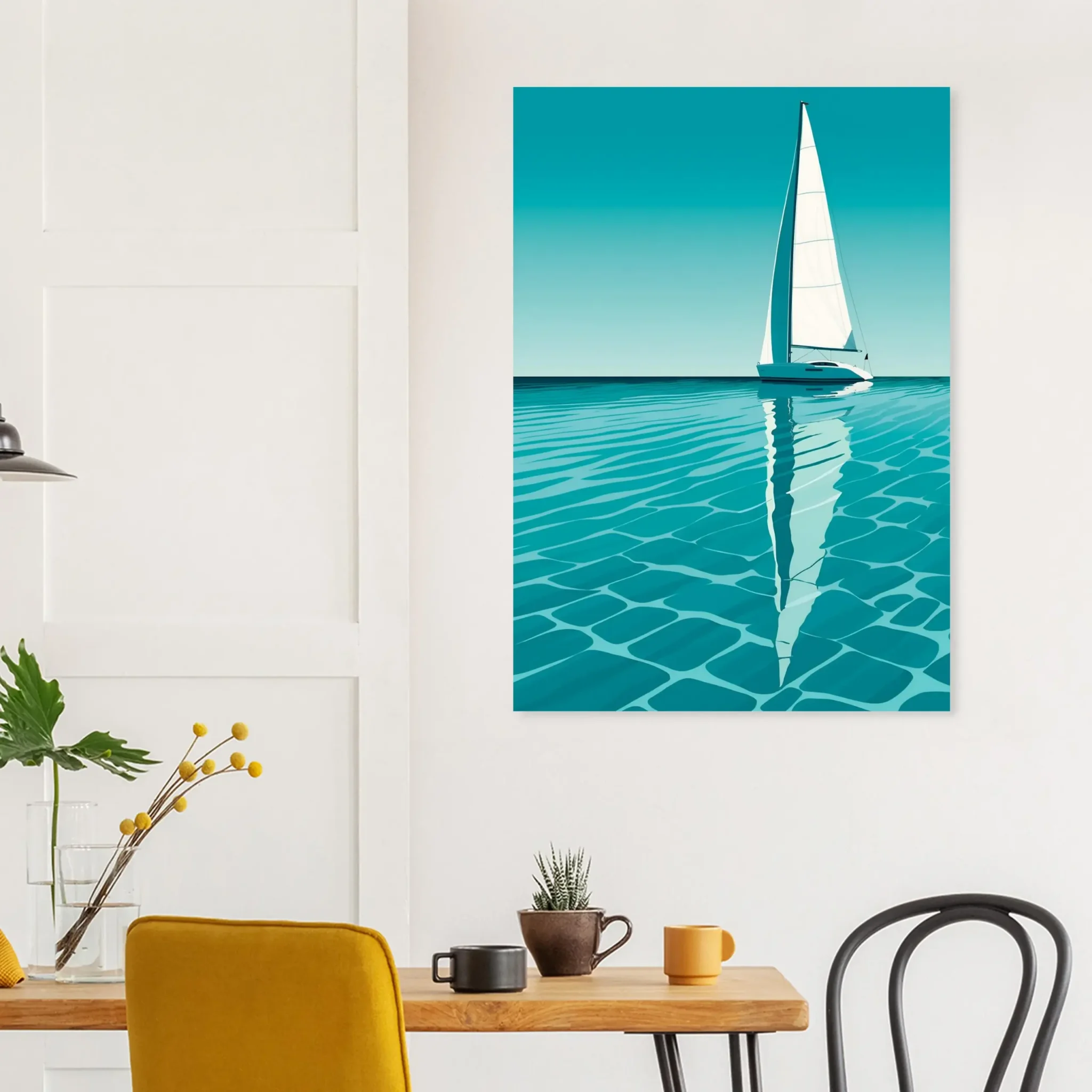 Minimalist sailboat seascape wall art featuring a solitary vessel, reflective water, and an open horizon. Fine art print from the ColorVanta EU Store.