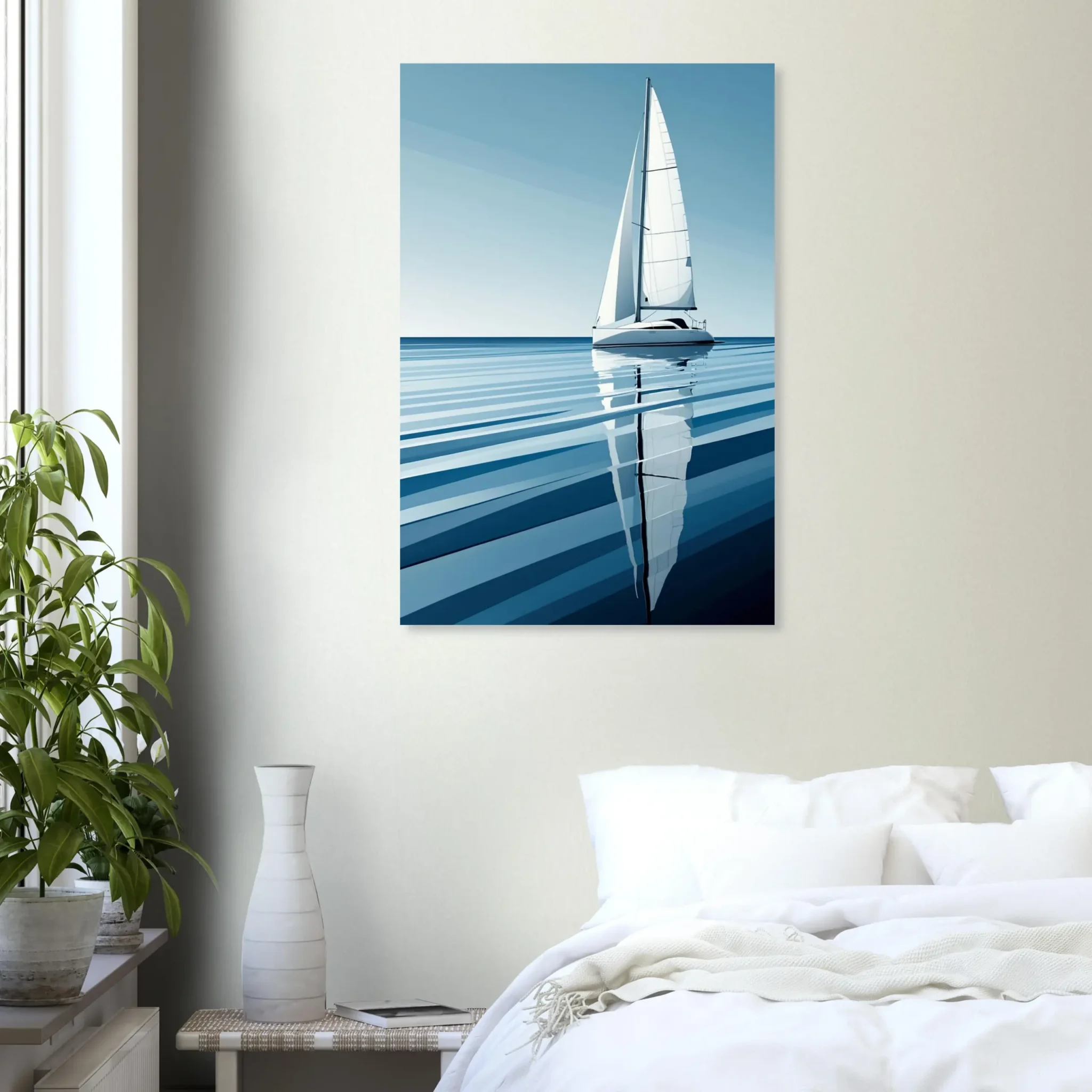Minimalist sailboat seascape wall art featuring a solitary vessel, reflective water, and an open horizon. Fine art print from the ColorVanta EU Store.