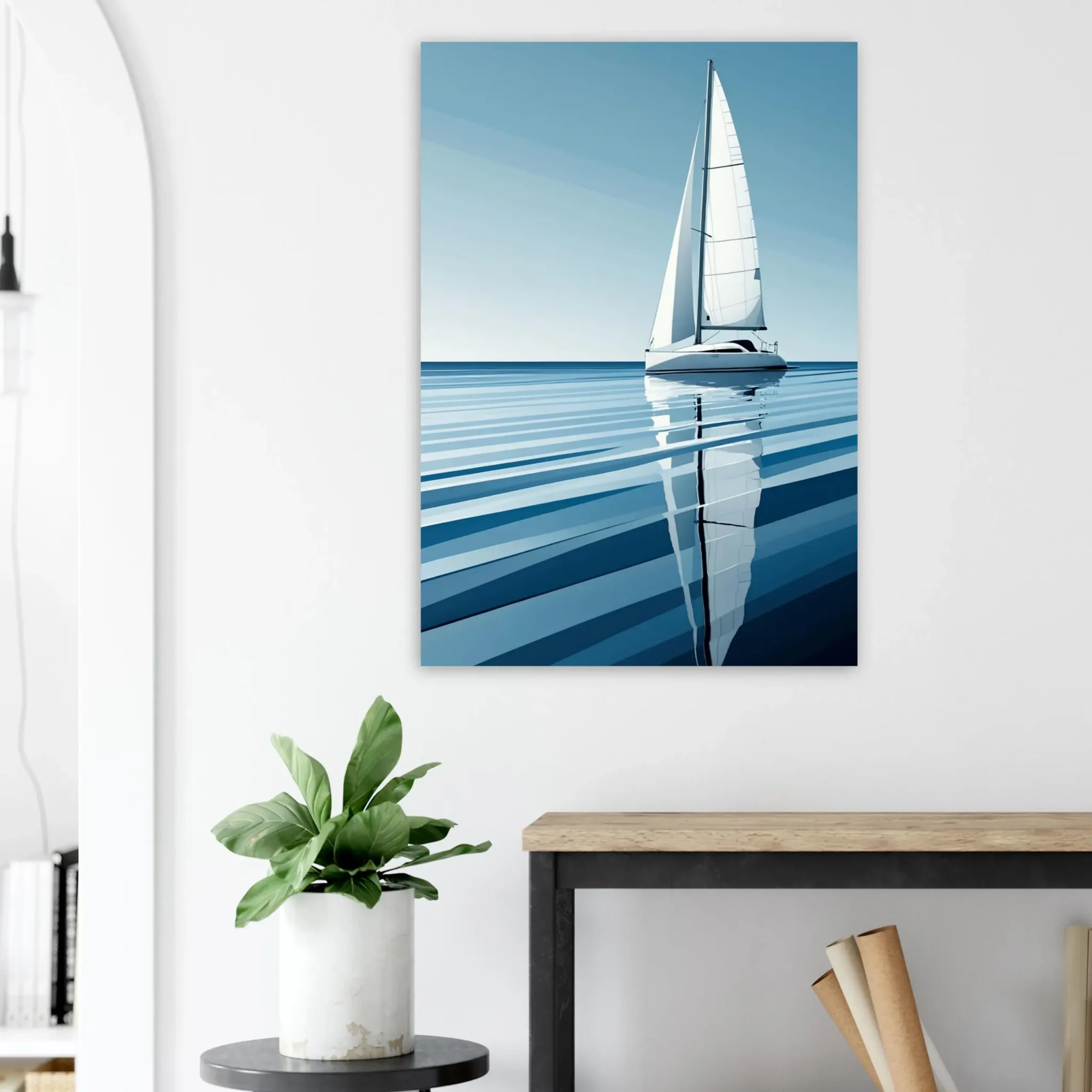 Minimalist sailboat seascape wall art featuring a solitary vessel, reflective water, and an open horizon. Fine art print from the ColorVanta EU Store.